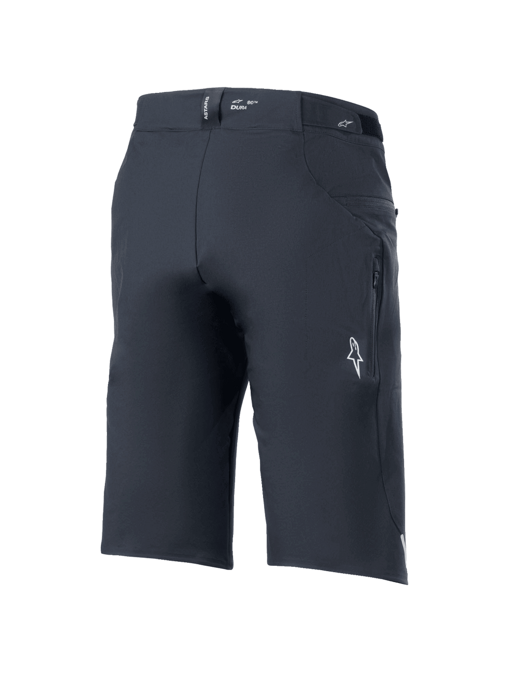 Alpinestars A-Dura Elite Shorts, mountainbike short, zwart, driekwart achteraanzicht met zijzak met ritssluiting, wit Astars-logo en "DURA"-branding op de tailleband, duurzame 4-way stretch Cordura-stof voor off-road fietsen