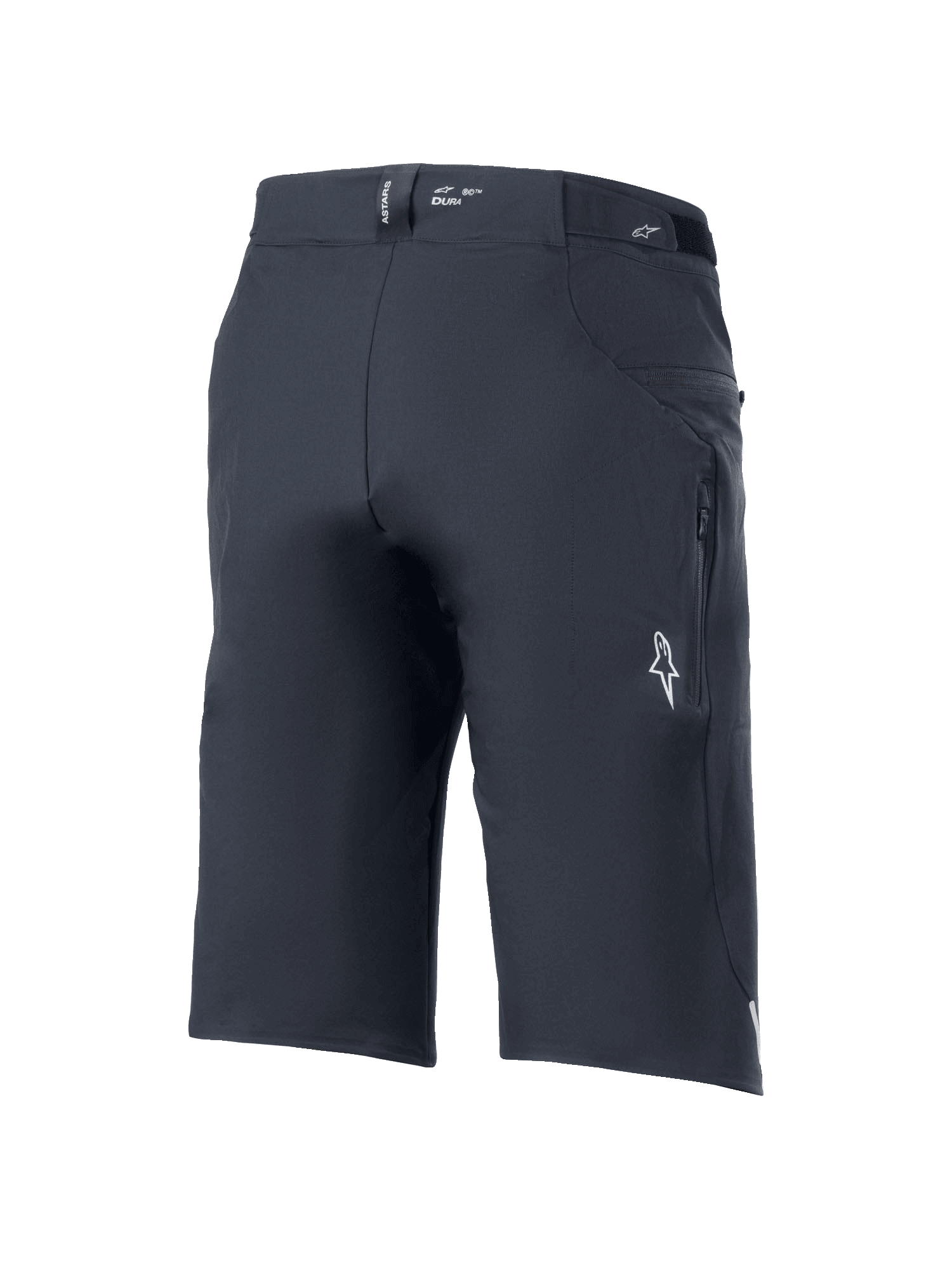 Alpinestars A-Dura Elite Shorts, mountainbike short, zwart, driekwart achteraanzicht met zijzak met ritssluiting, wit Astars-logo en "DURA"-branding op de tailleband, duurzame 4-way stretch Cordura-stof voor off-road fietsen
