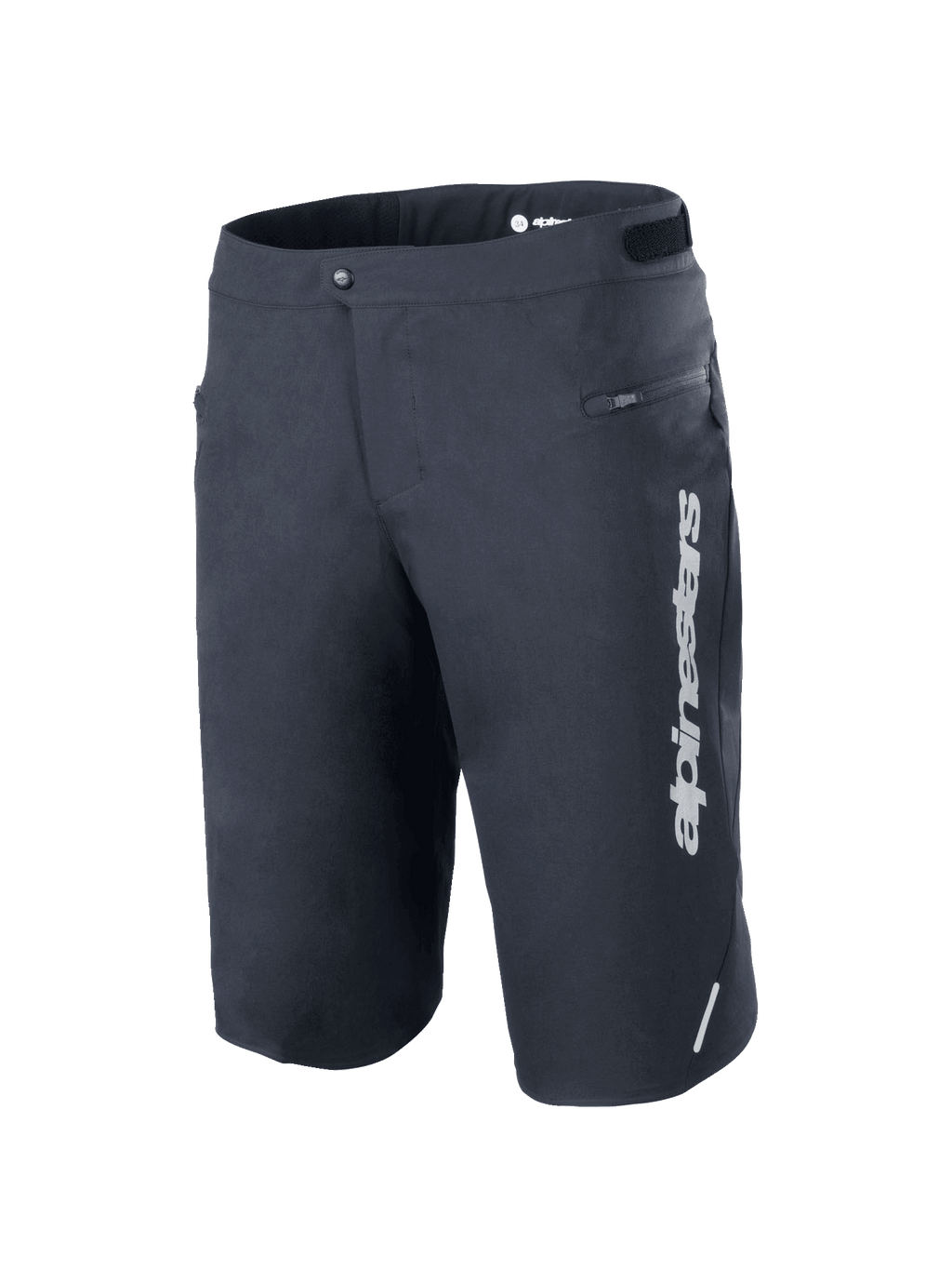 Alpinestars A-Dura Elite Shorts, mountainbike short, zwart, voorzien van een verticaal wit Alpinestars-logo op het linkerbeen, zijzak met ritssluiting, drukknoopsluiting aan de voorzijde met klittenbandverstellers in de taille, reflecterend accent, duurzame 4-way stretch Cordura-stof voor off-road fietsen