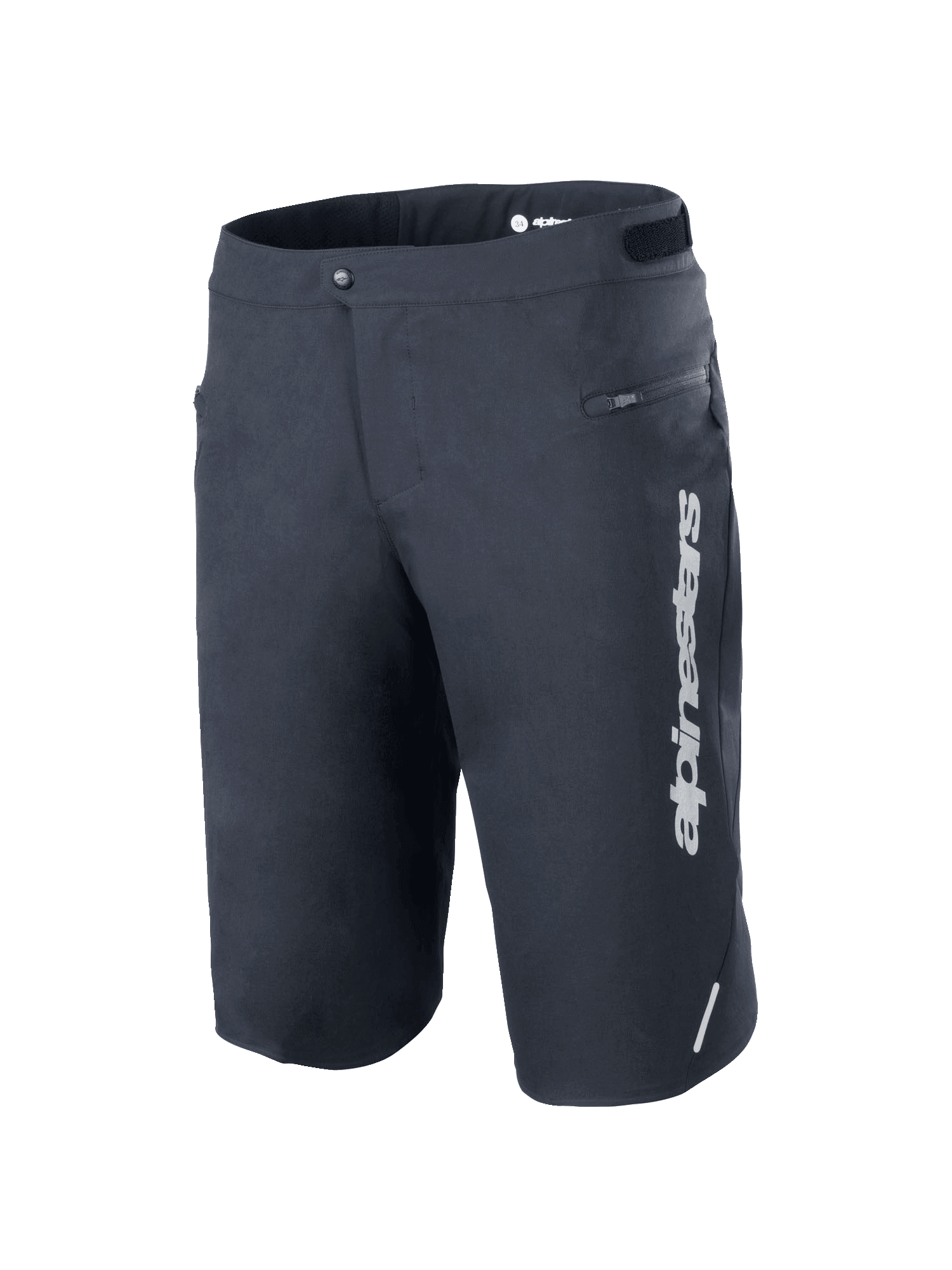 Alpinestars A-Dura Elite Shorts, mountainbike short, zwart, voorzien van een verticaal wit Alpinestars-logo op het linkerbeen, zijzak met ritssluiting, drukknoopsluiting aan de voorzijde met klittenbandverstellers in de taille, reflecterend accent, duurzame 4-way stretch Cordura-stof voor off-road fietsen