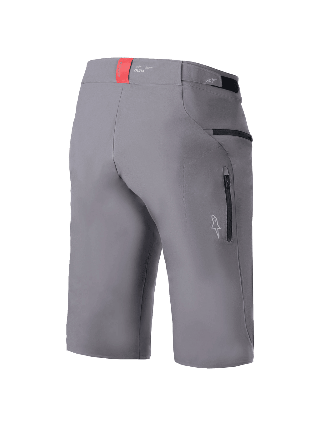 Alpinestars A-Dura Elite Shorts, MTB-fietsbroek, donkergrijs, driekwart achteraanzicht met zijzakken met ritssluiting, klittenbandverstellers in de taille en een rood accentlipje op de tailleband, duurzame 4-way stretch Cordura-stof, normale pasvorm voor mountainbiken