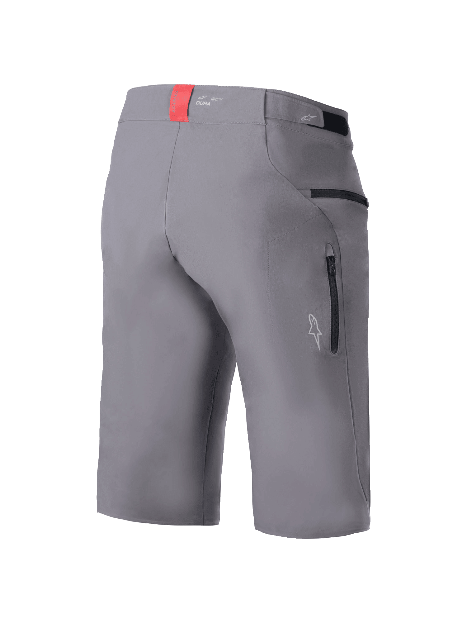 Alpinestars A-Dura Elite Shorts, MTB-fietsbroek, donkergrijs, driekwart achteraanzicht met zijzakken met ritssluiting, klittenbandverstellers in de taille en een rood accentlipje op de tailleband, duurzame 4-way stretch Cordura-stof, normale pasvorm voor mountainbiken