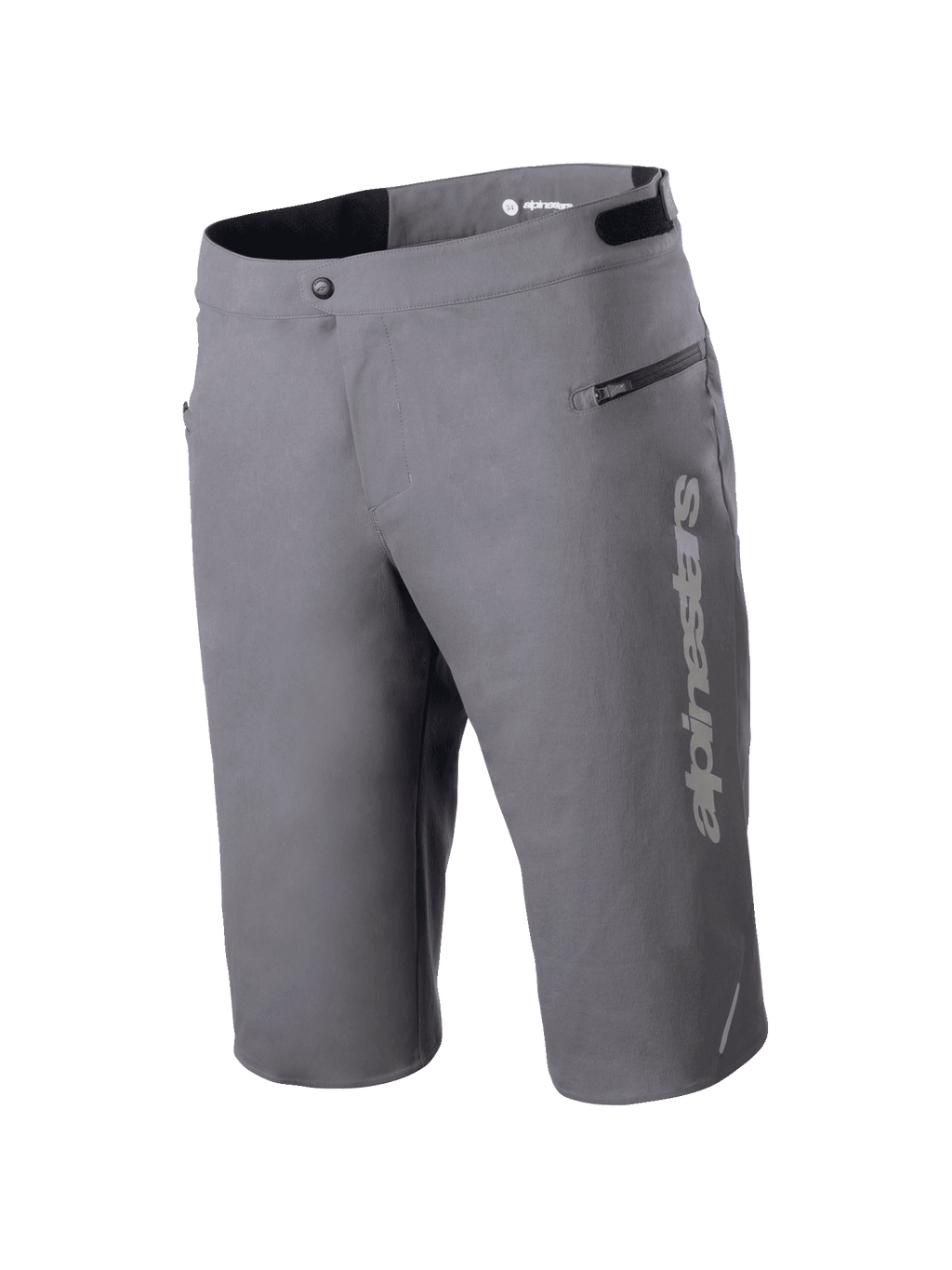 Alpinestars A-Dura Elite Shorts, mountainbike short, donkergrijs, met verticaal Alpinestars-logo op de broekspijp, zijzak met rits, drukknoopsluiting en verstelbare tailleband voor off-road fietsen