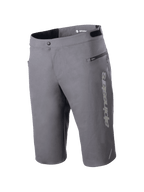 Alpinestars A-Dura Elite Shorts, mountainbike short, donkergrijs, met verticaal Alpinestars-logo op de broekspijp, zijzak met rits, drukknoopsluiting en verstelbare tailleband voor off-road fietsen