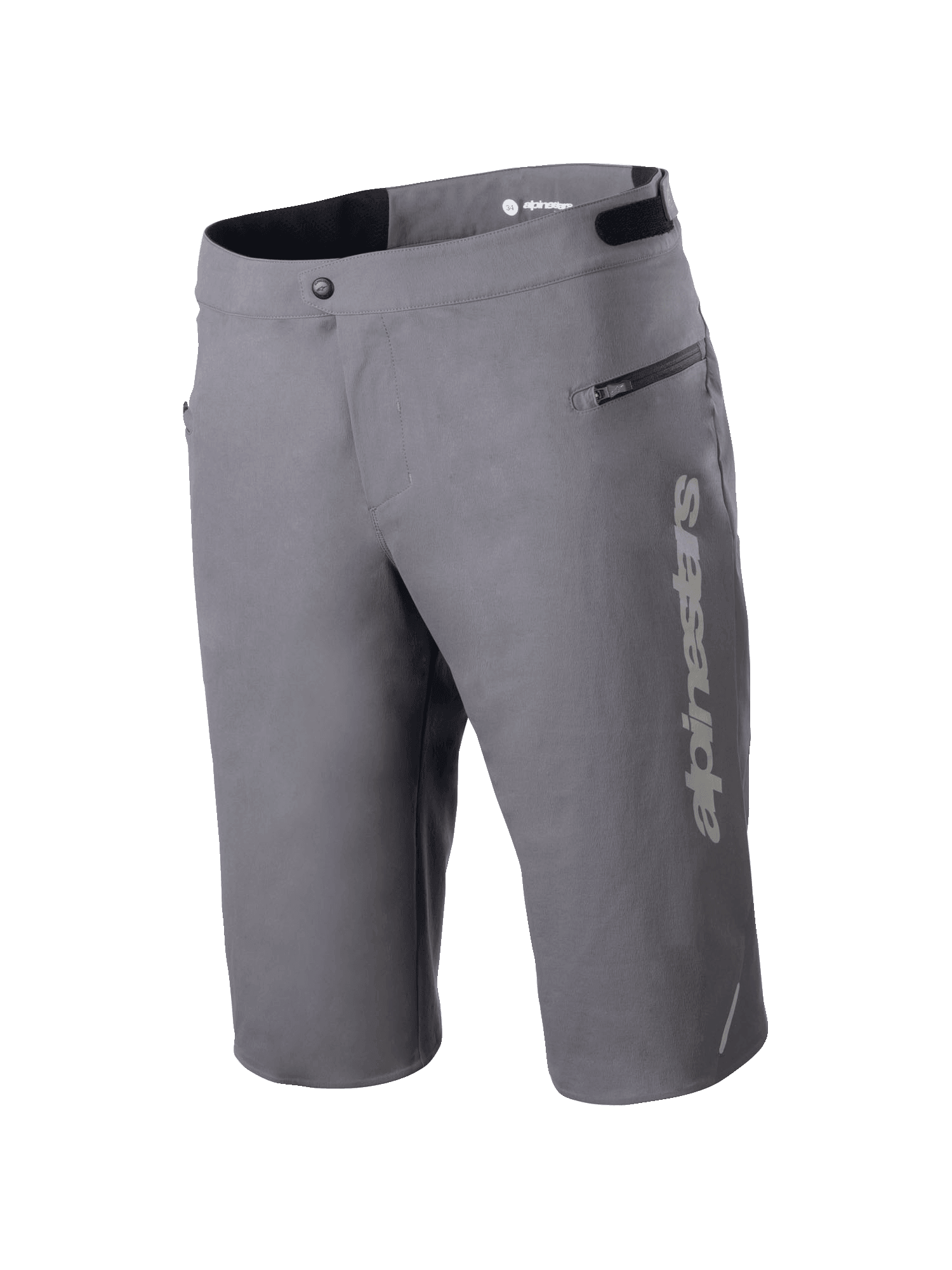 Alpinestars A-Dura Elite Shorts, mountainbike short, donkergrijs, met verticaal Alpinestars-logo op de broekspijp, zijzak met rits, drukknoopsluiting en verstelbare tailleband voor off-road fietsen