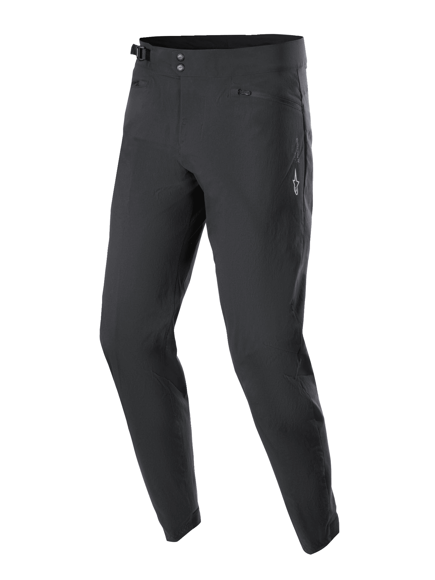 Alpinestars A-Dura Pants, Mountain Bike Cycling Pants, Black, featuring a double snap waist closure, side adjusters, zippered mesh-lined pockets, and a white Astars logo on the thigh, designed for off-road durability.