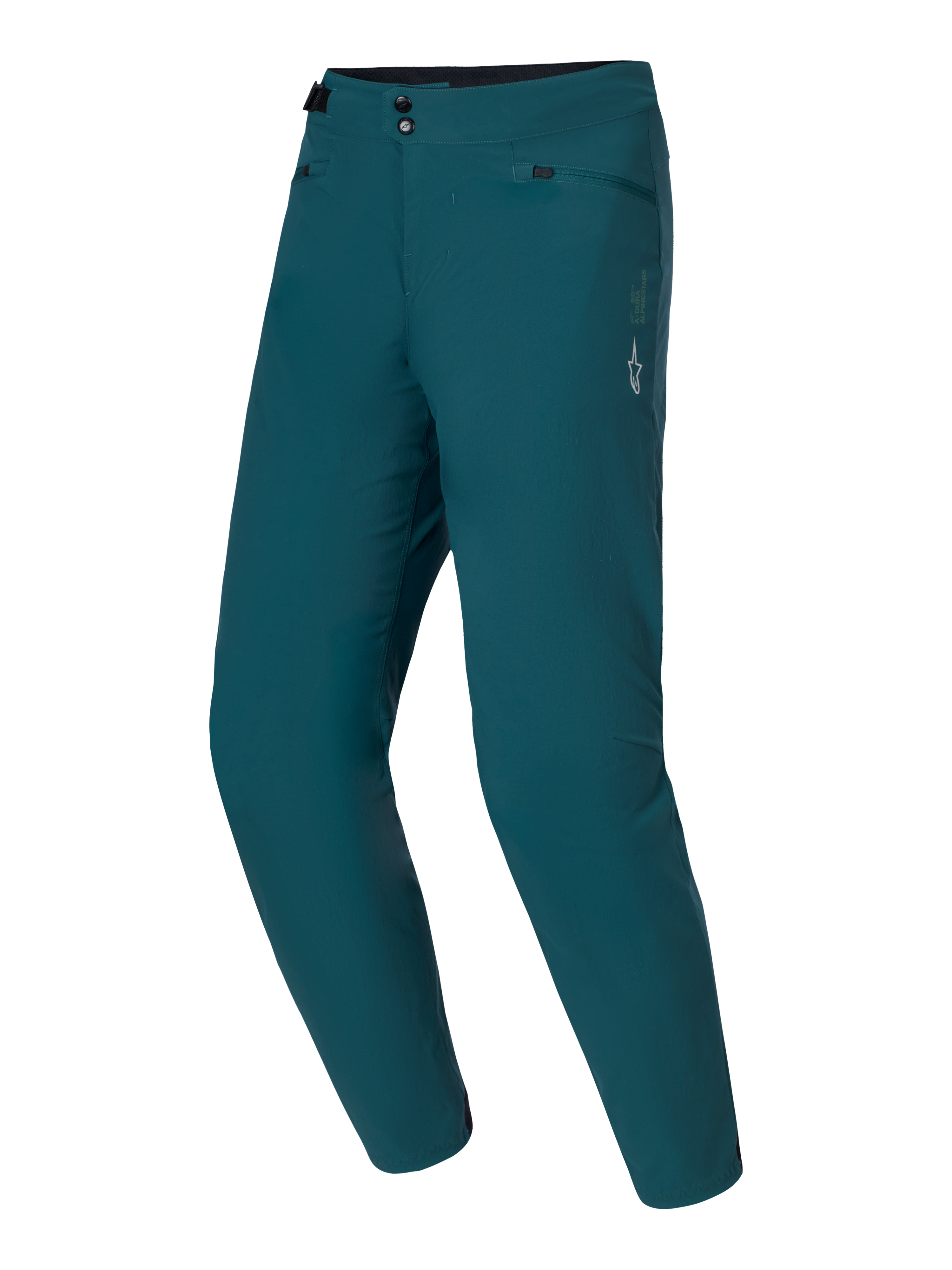 Alpinestars A-Dura broek, mountainbikebroek, Dark Pine groen, voorzien van dubbele drukknoopsluiting en tailleverstellers aan de zijkant, wit ster-logo op de linker dij, duurzaam 2-way stretch textiel voor MTB trailrijden