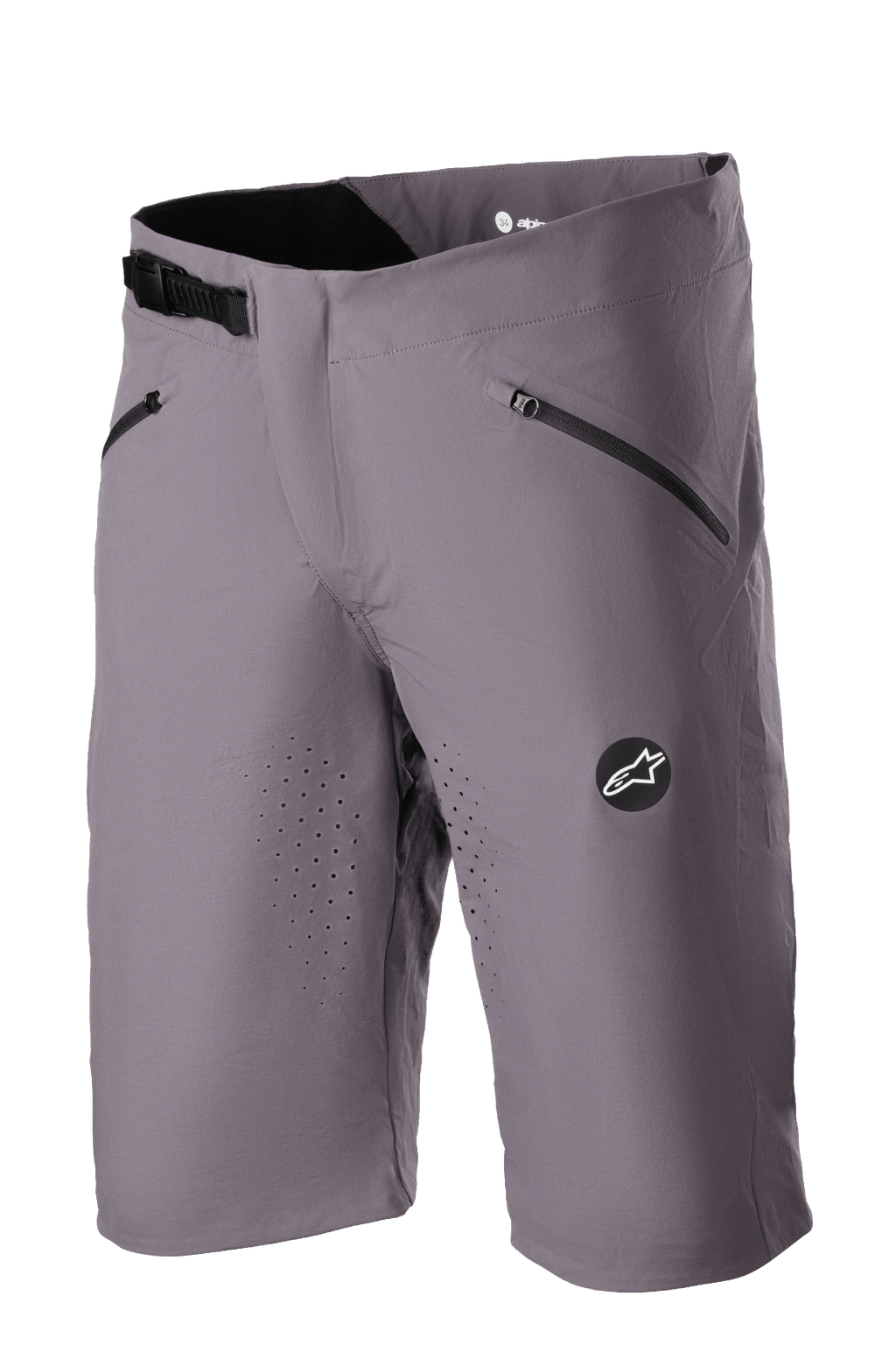 Alpinestars Drop Algorithm Shorts, MTB Mountain Biking Shorts, Sparrow Gray, laser-perforated ventilation on thighs, two black zippered pockets, adjustable ratchet waist buckle, Alpinestars star logo patch, lightweight technical stretch fabric