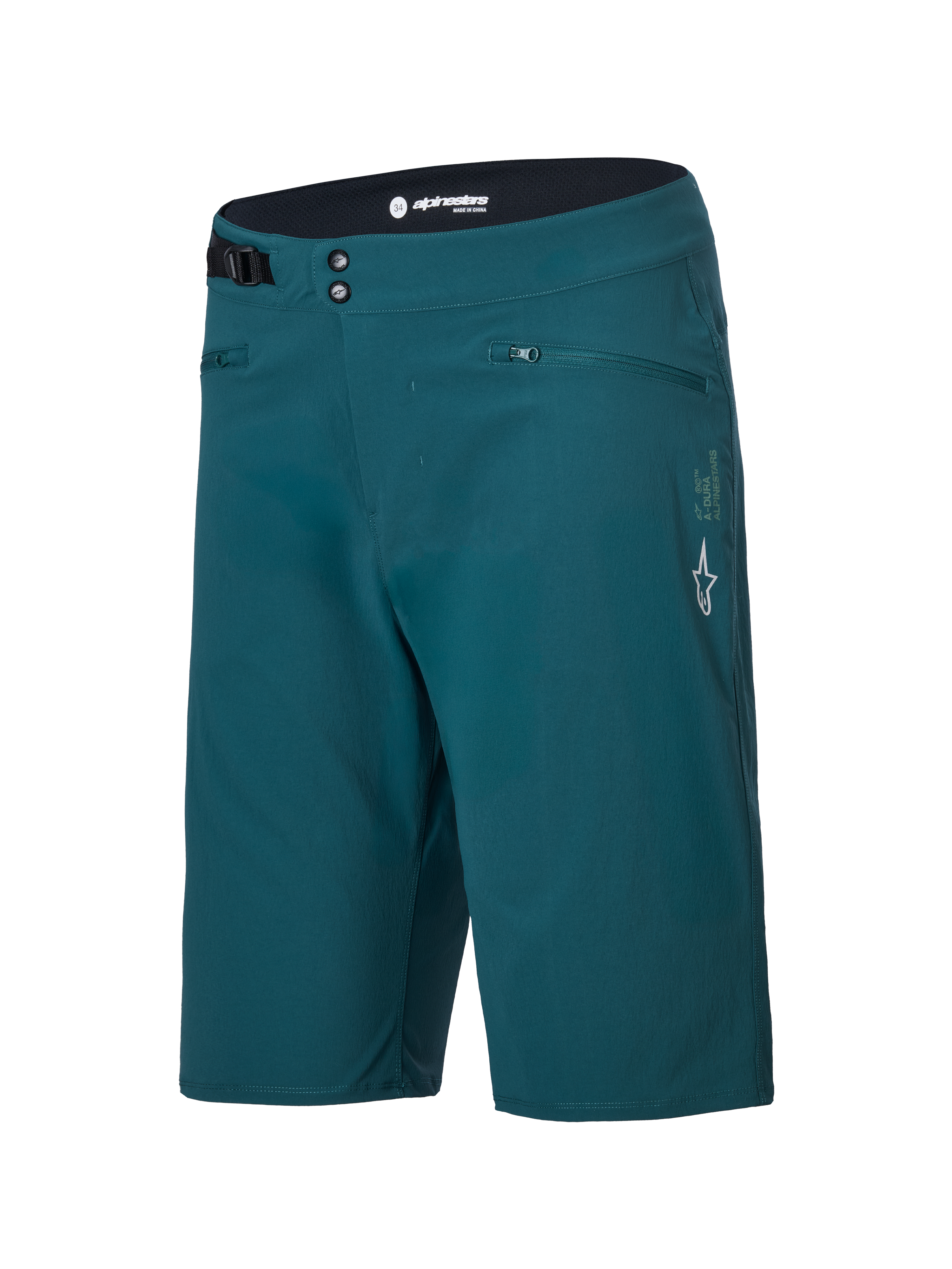Alpinestars A-Dura shorts, mountainbike shorts, Dark Pine groen, voorzien van ritszakken, dubbele drukknoopsluiting aan de voorkant, verstelbare taille aan de zijkant en wit Alpinestars-logo op de linkerpijp, duurzaam ontwerp voor mountainbiken