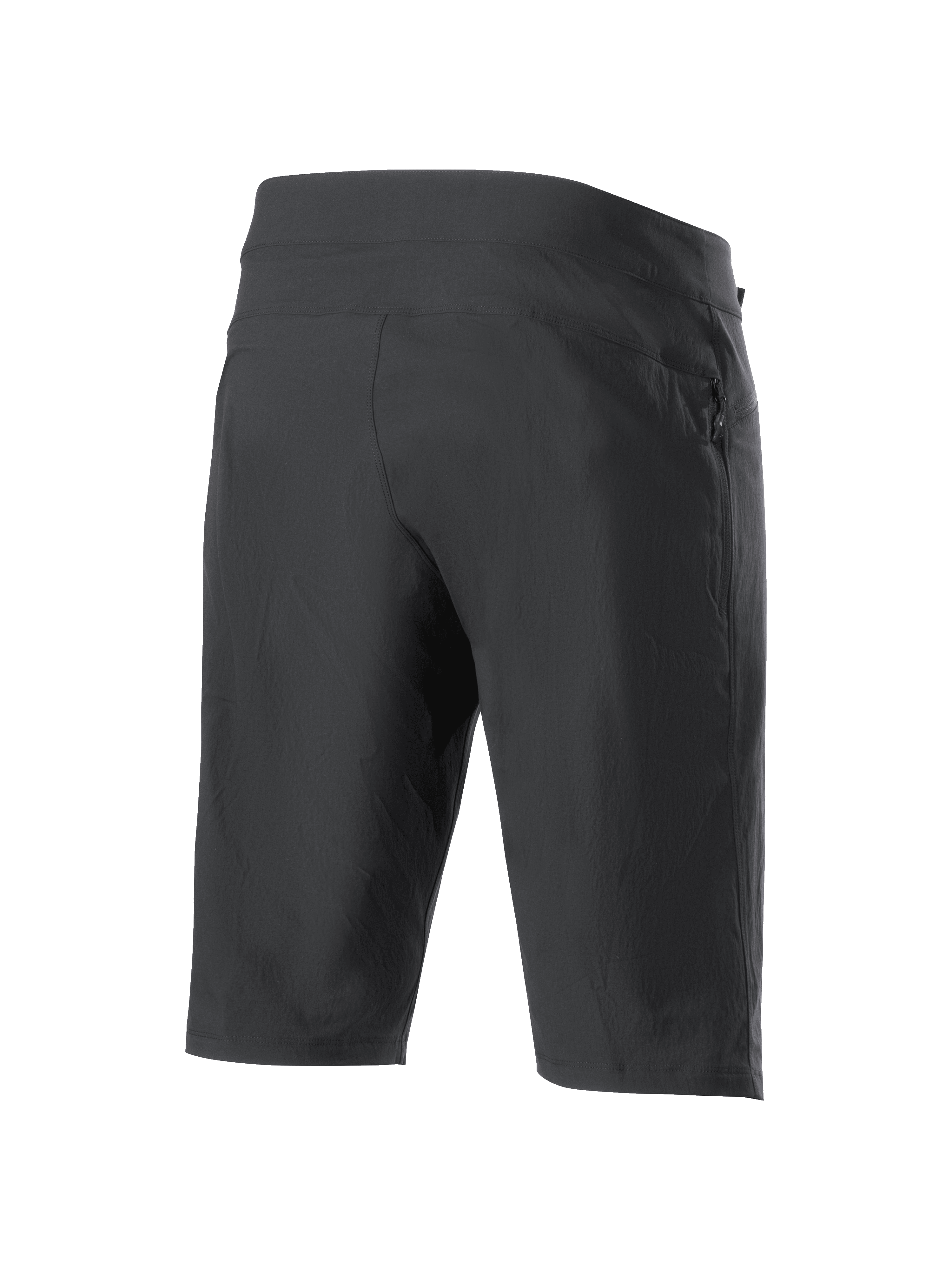 Alpinestars A-Dura Liner Shorts, zwarte MTB short, driekwart achteraanzicht, voorzien van een zijzak met ritssluiting, duurzame stretchstof en een gestroomlijnd sportief ontwerp voor off-road fietsen