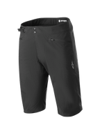 Alpinestars A-Dura Liner Shorts, zwarte mountainbike shorts, dubbele drukknoopsluiting met verstelbare taille aan de zijkant, zakken met ritssluiting, wit sterlogo op de pijp, duurzame en rekbare stof voor MTB-rijden.