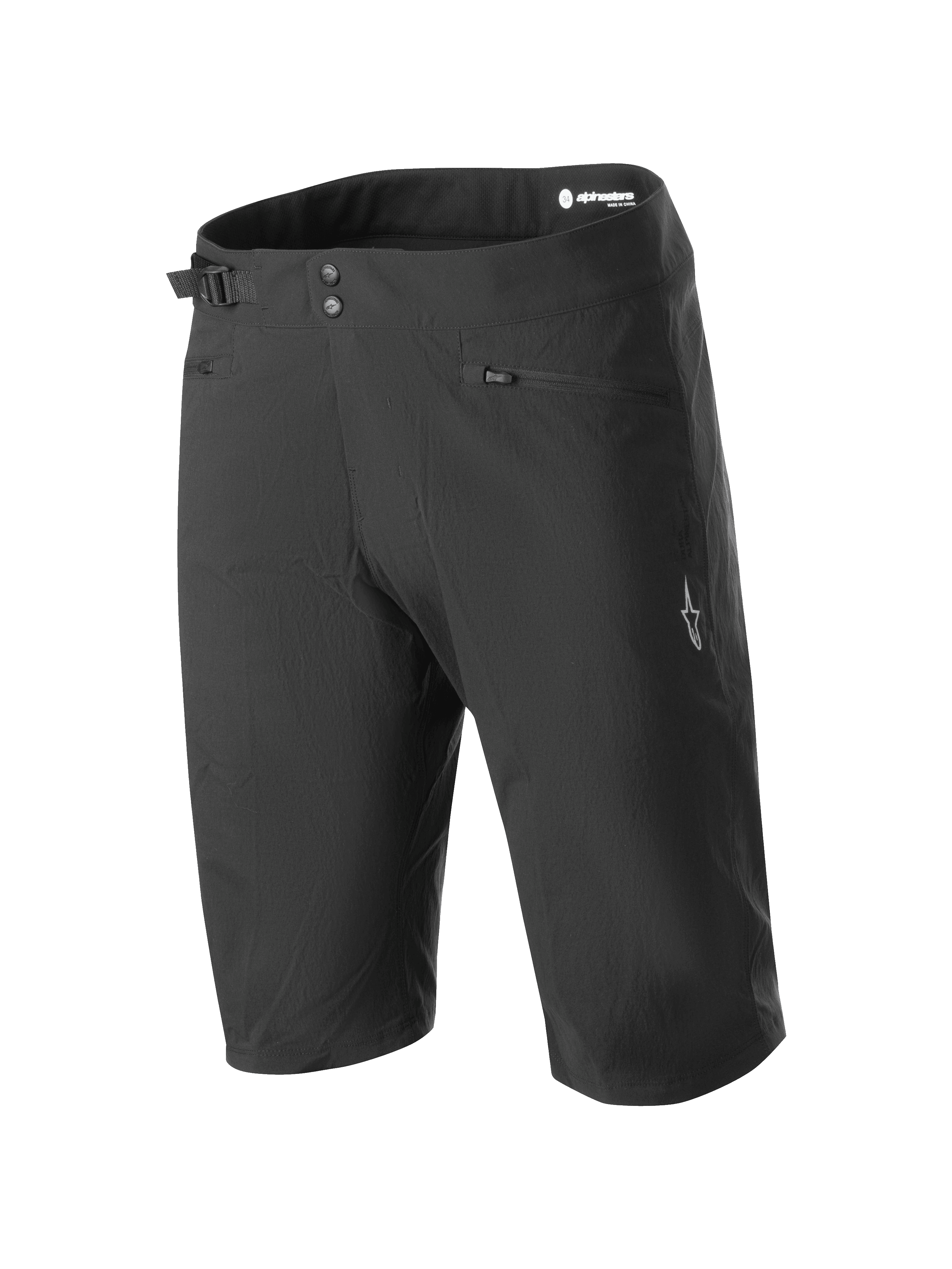 Alpinestars A-Dura Liner Shorts, zwarte mountainbike shorts, dubbele drukknoopsluiting met verstelbare taille aan de zijkant, zakken met ritssluiting, wit sterlogo op de pijp, duurzame en rekbare stof voor MTB-rijden.