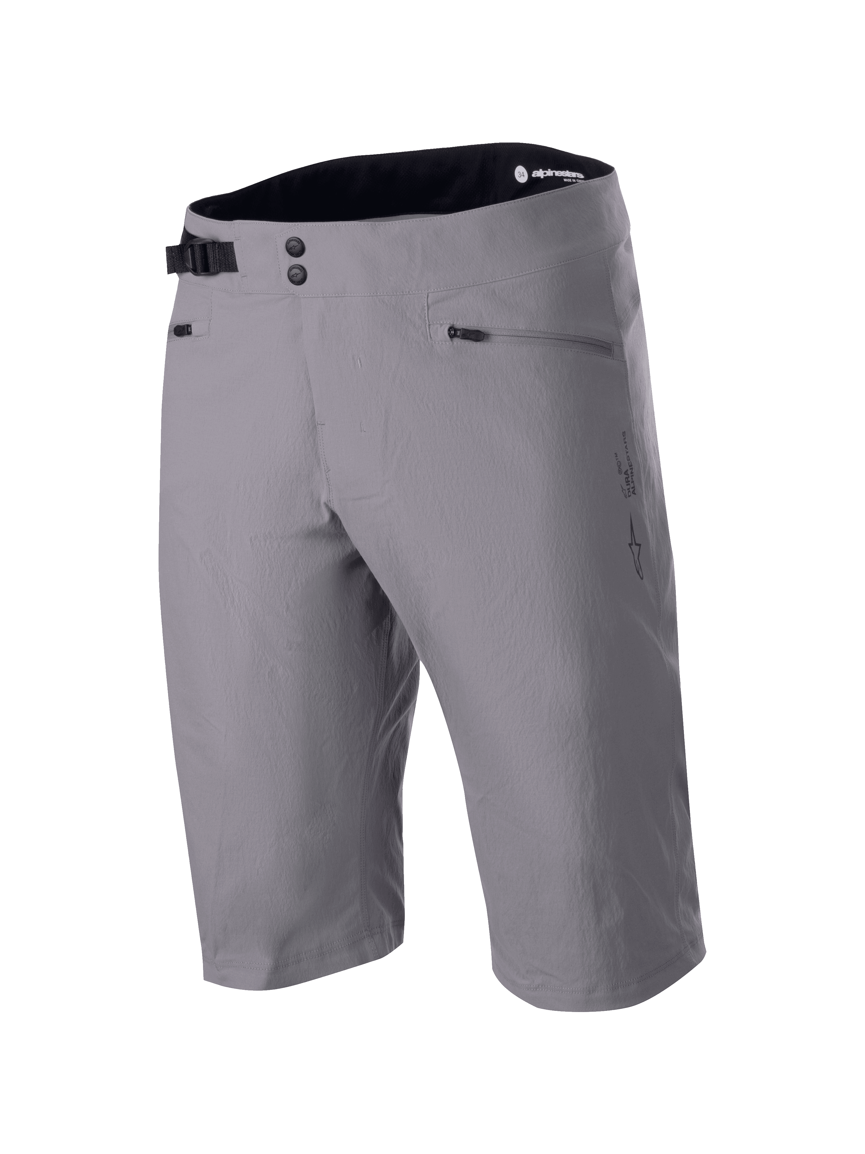 Alpinestars A-Dura Liner Shorts, donkergrijze MTB-short, dubbele drukknoopsluiting met verstelbare gespsluiting aan de zijkant, zakken met ritssluiting, duurzame 2-way stretchstof, Astars-logo aan de zijkant, zwarte binnenkant van de tailleband
