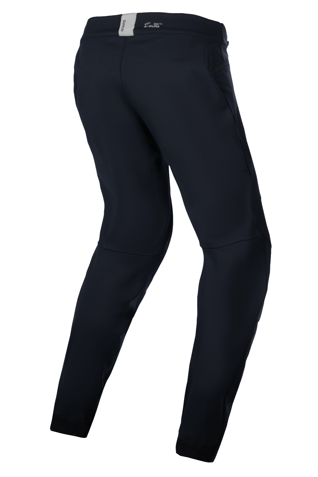Alpinestars Stella A-Dura Thermal broek, MTB-broek voor dames, zwart, technische outdooruitrusting voor ritten in koud weer, driekwart achteraanzicht met de voorgevormde ergonomische pasvorm en achterzijde van de tailleband met ASTARS-branding.