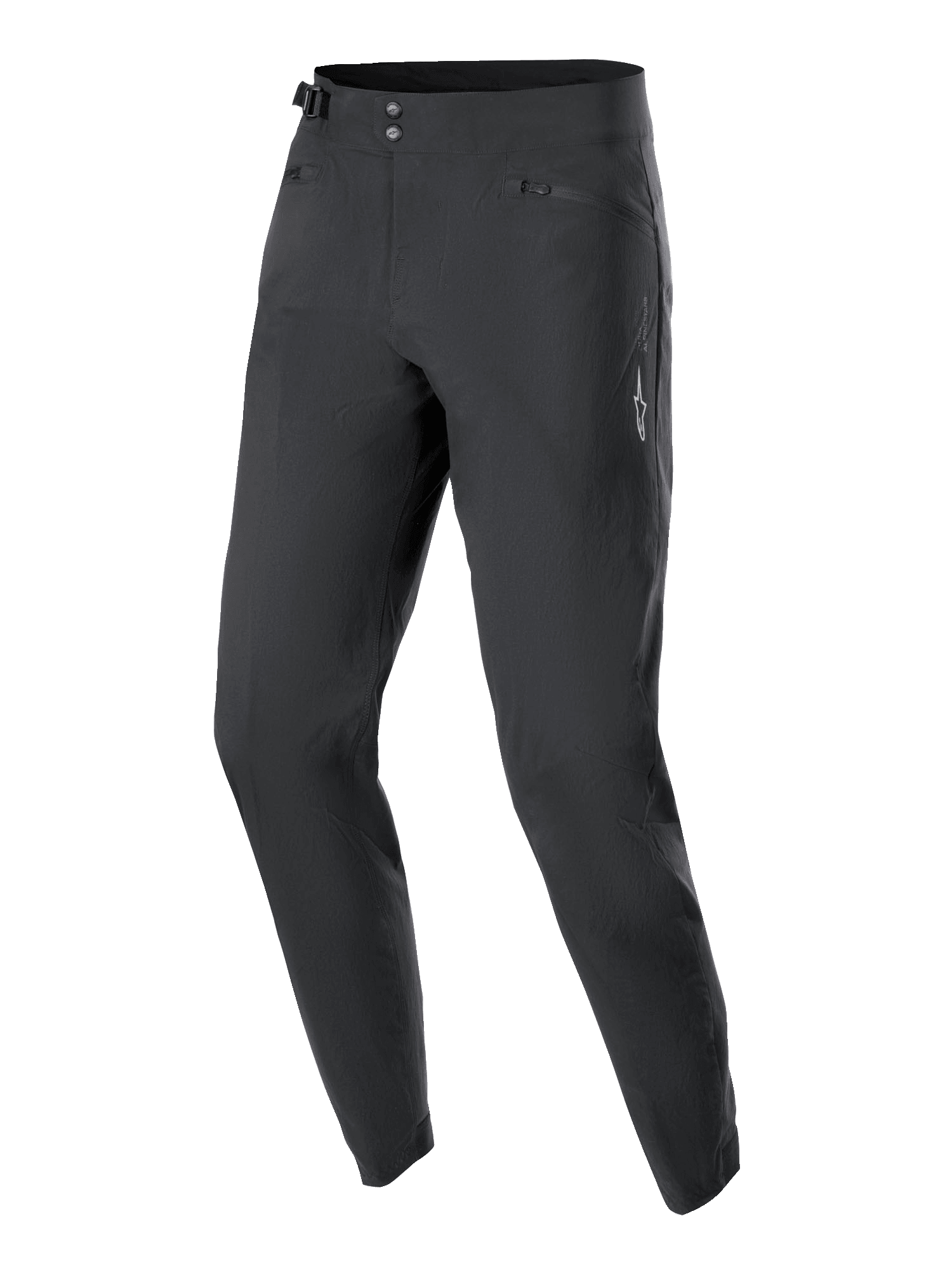 Alpinestars Stella A-Dura damesbroek, MTB-fietsbroek, zwart, voorzien van een dubbele drukknoopsluiting, verstelbare tailleband en zakken met ritssluiting, minimalistisch ontwerp met een klein wit sterlogo, duurzame 2-weg stretchstof voor off-road rijden
