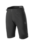 Alpinestars Stella A-Dura Liner Shorts, zwarte mountainbike shorts voor dames, knielang model met dubbele drukknoopsluiting en zijdelingse tailleversteller, ritszakken en wit sterlogo op de broekspijp, duurzame 2-way stretchstof voor MTB