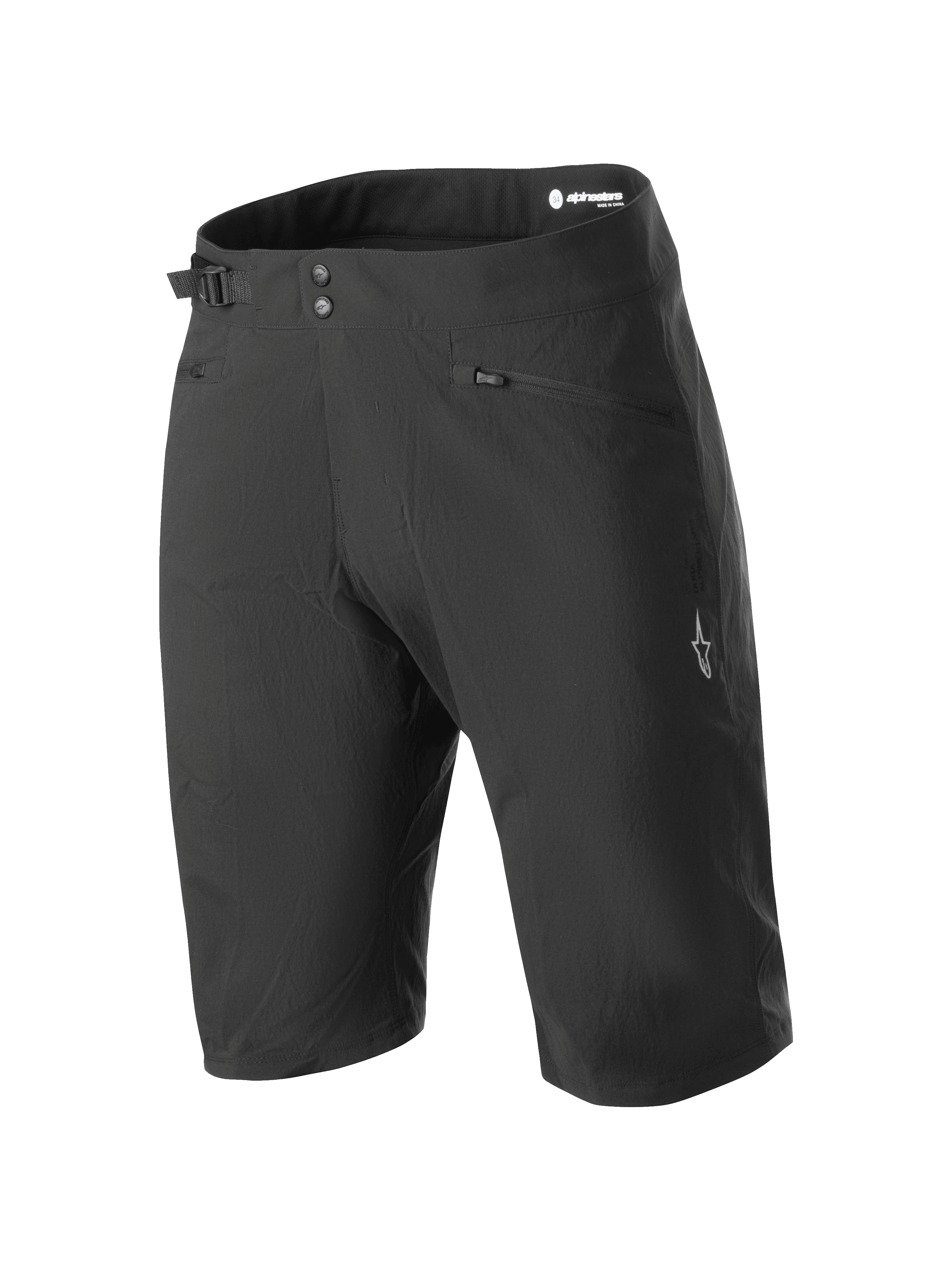 Alpinestars Stella A-Dura Liner Shorts, zwarte mountainbike shorts voor dames, knielang model met dubbele drukknoopsluiting en zijdelingse tailleversteller, ritszakken en wit sterlogo op de broekspijp, duurzame 2-way stretchstof voor MTB