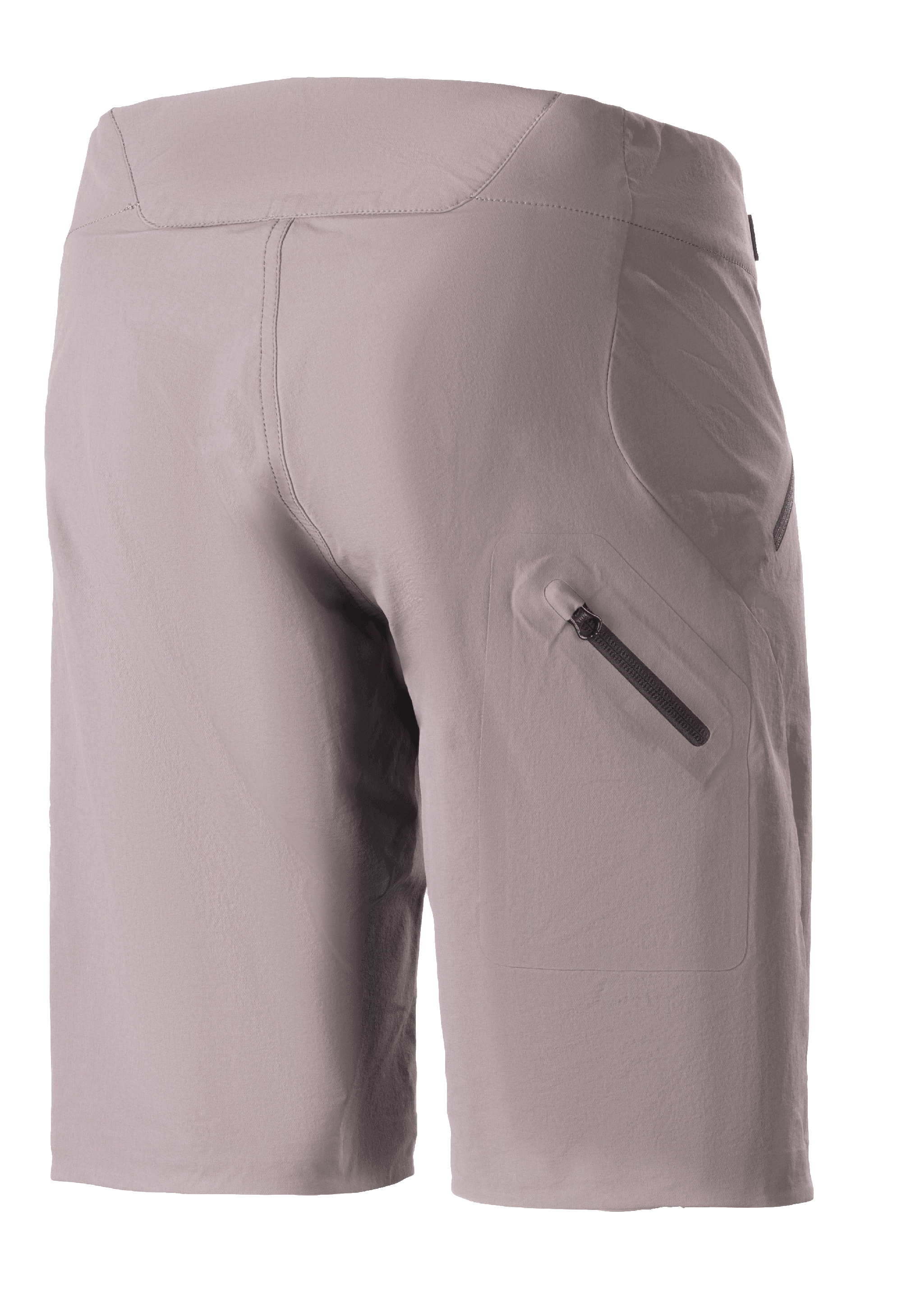 Alpinestars Stella Drop Algorithm dames mountainbike short, Sparrow Gray grijs, achteraanzicht met een gelijmde zak met rits op het been, technische stretchstof met een specifieke damespasvorm, ontworpen voor performance trail en off-road fietsen