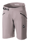 Alpinestars Stella Drop Algorithm shorts voor dames, MTB mountainbike shorts, Sparrow Gray grijs, met zwarte ratelsluiting in de taille, zakken met ritssluiting, lasergeperforeerde ventilatieopeningen en rond logo-embleem, technische fietskleding