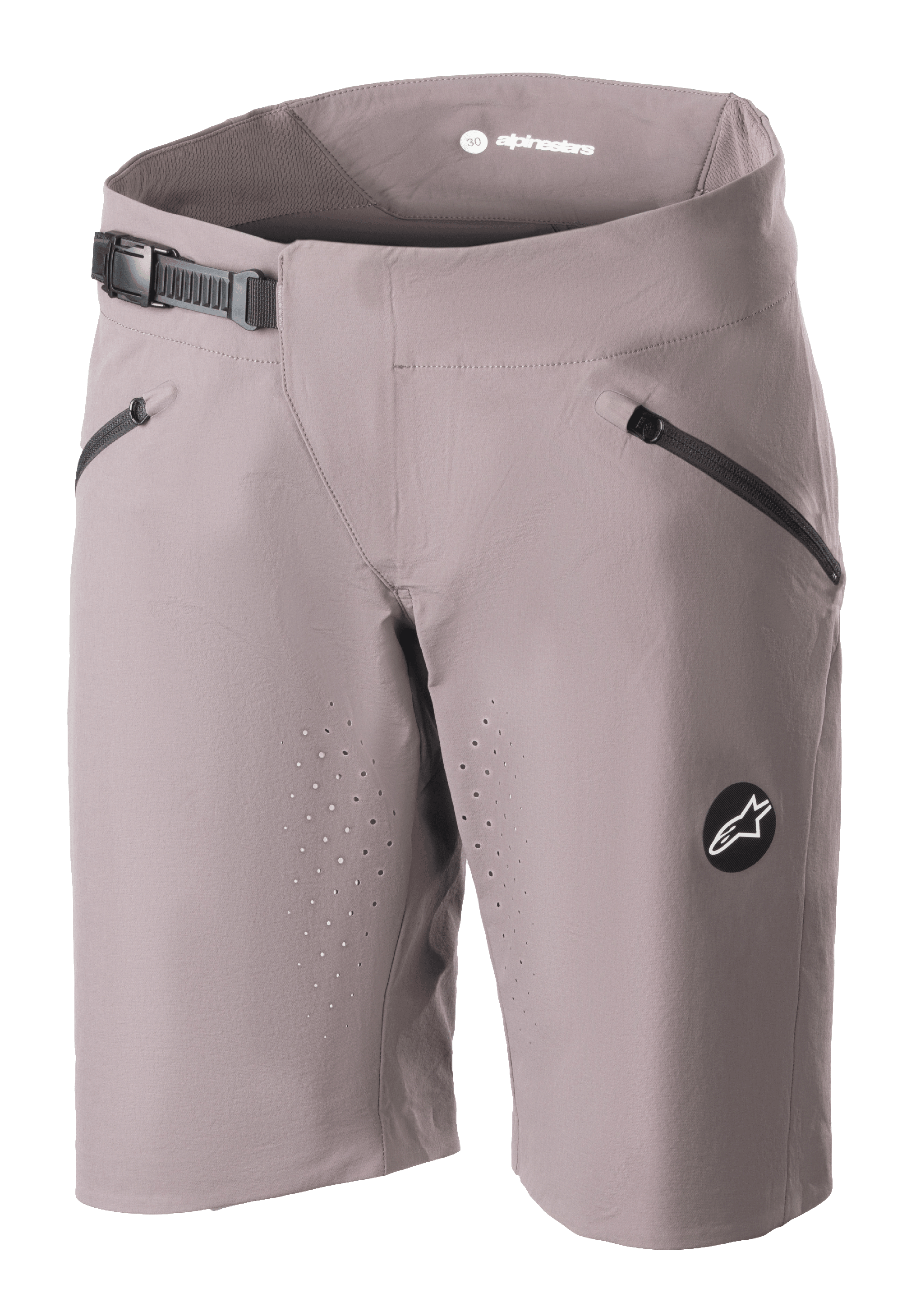 Alpinestars Stella Drop Algorithm shorts voor dames, MTB mountainbike shorts, Sparrow Gray grijs, met zwarte ratelsluiting in de taille, zakken met ritssluiting, lasergeperforeerde ventilatieopeningen en rond logo-embleem, technische fietskleding