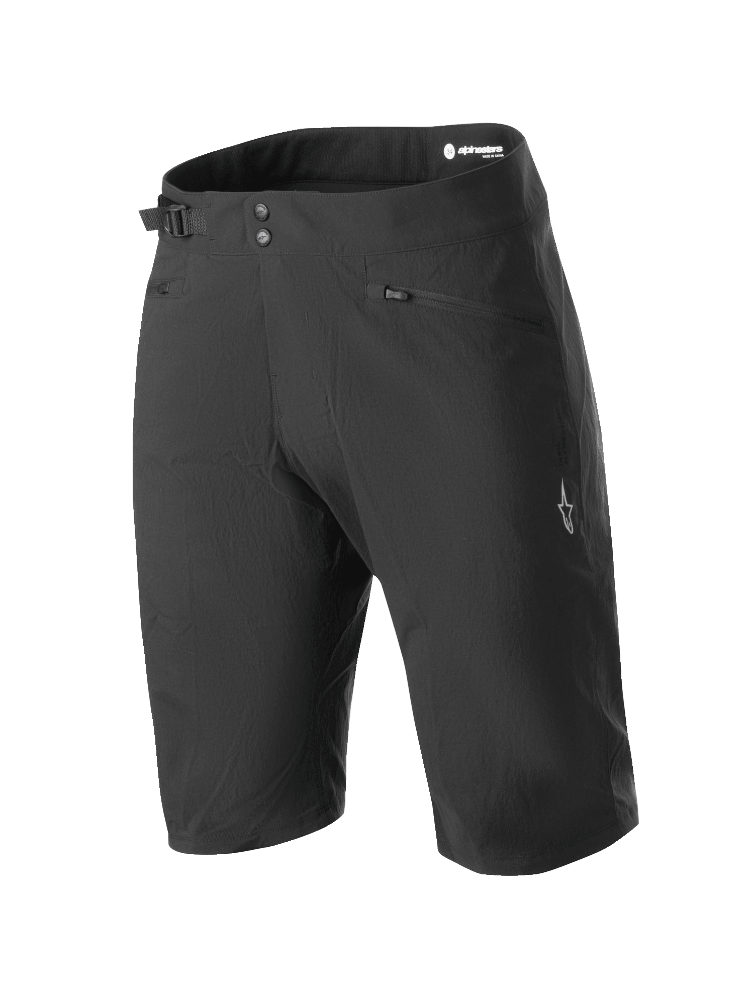 Alpinestars Stella A-Dura shorts, MTB-fietsshorts voor dames, zwart, voorzien van een dubbele drukknoopsluiting en zijdelingse tailleversteller, zakken met rits, technisch ontwerp op knielengte van duurzame 2-weg stretchstof