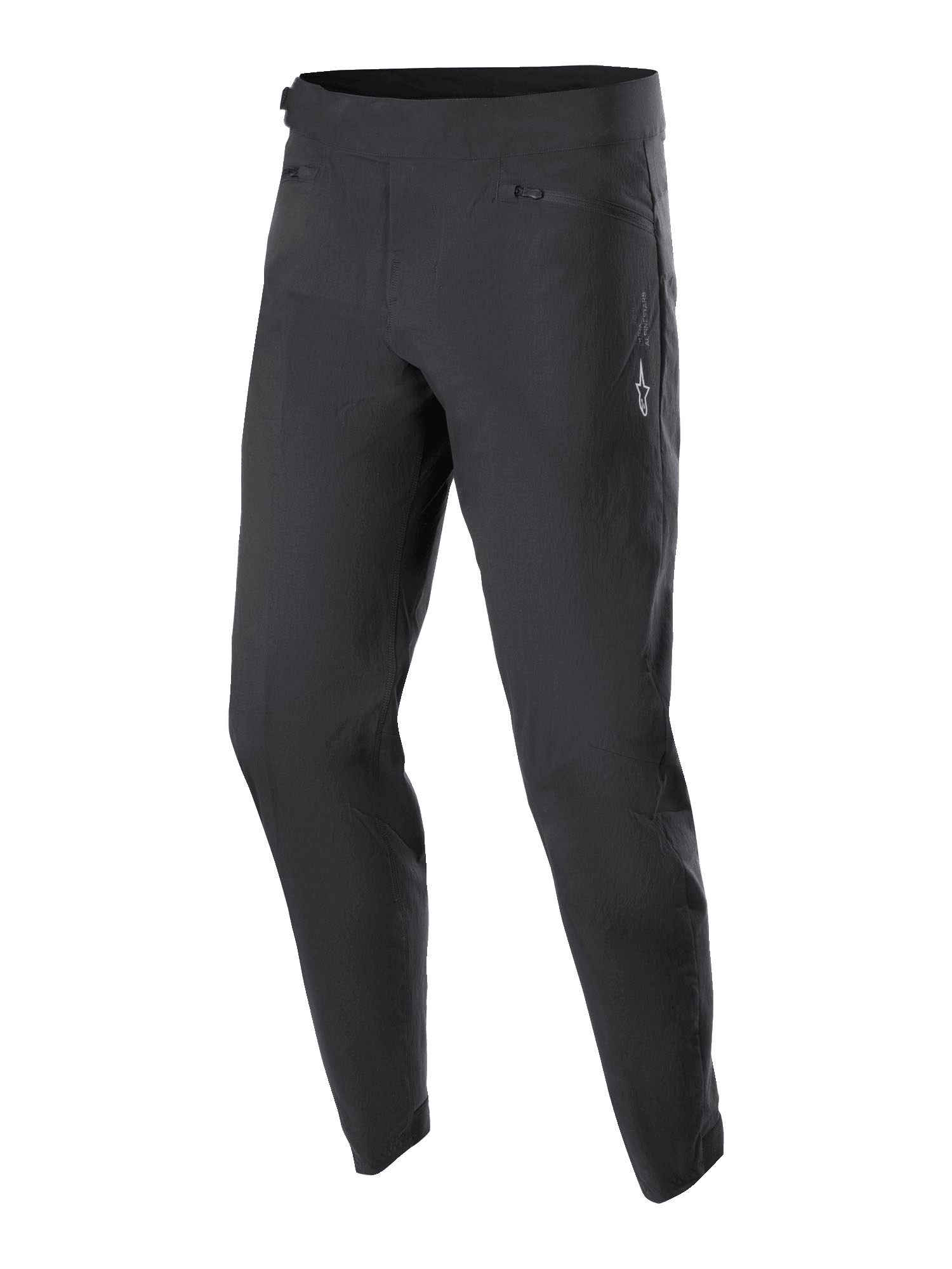 Alpinestars Youth A-Dura Pants, MTB-fietsbroek, zwart, met twee voorzakken met ritssluiting en een klein wit Alpinestars-logo op de linker dij, taps toelopend ontwerp, duurzaam stretchmateriaal voor jeugd mountainbiken