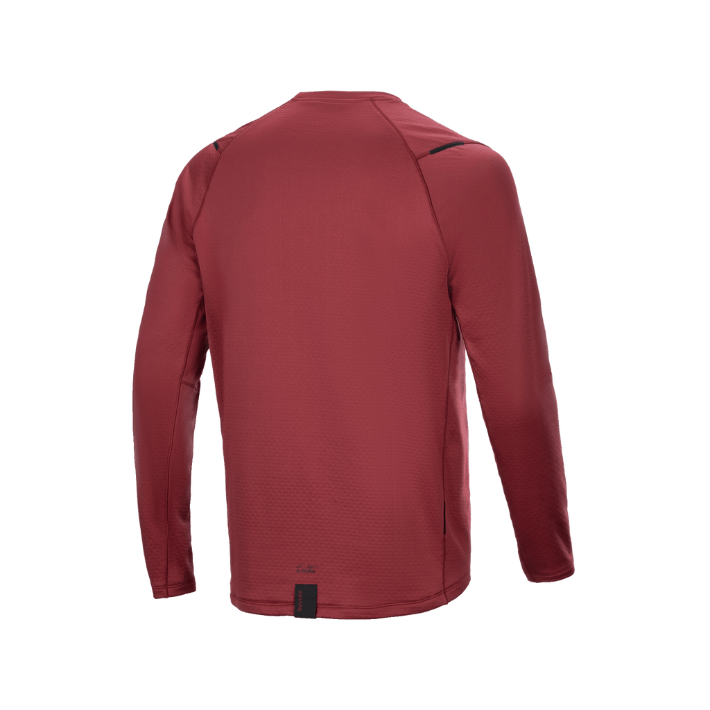 Alpinestars A-Dura Thermal Jersey, fietsshirt met lange mouwen, bordeauxrood, achteraanzicht met verlengde achterzijde voor extra dekking, getextureerde geïsoleerde thermische stof, minimalistische branding aan de zoom