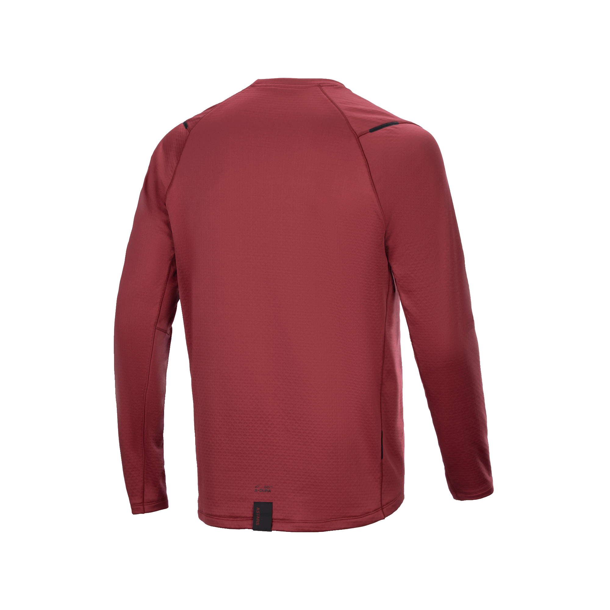Alpinestars A-Dura Thermal Jersey, fietsshirt met lange mouwen, bordeauxrood, achteraanzicht met verlengde achterzijde voor extra dekking, getextureerde geïsoleerde thermische stof, minimalistische branding aan de zoom