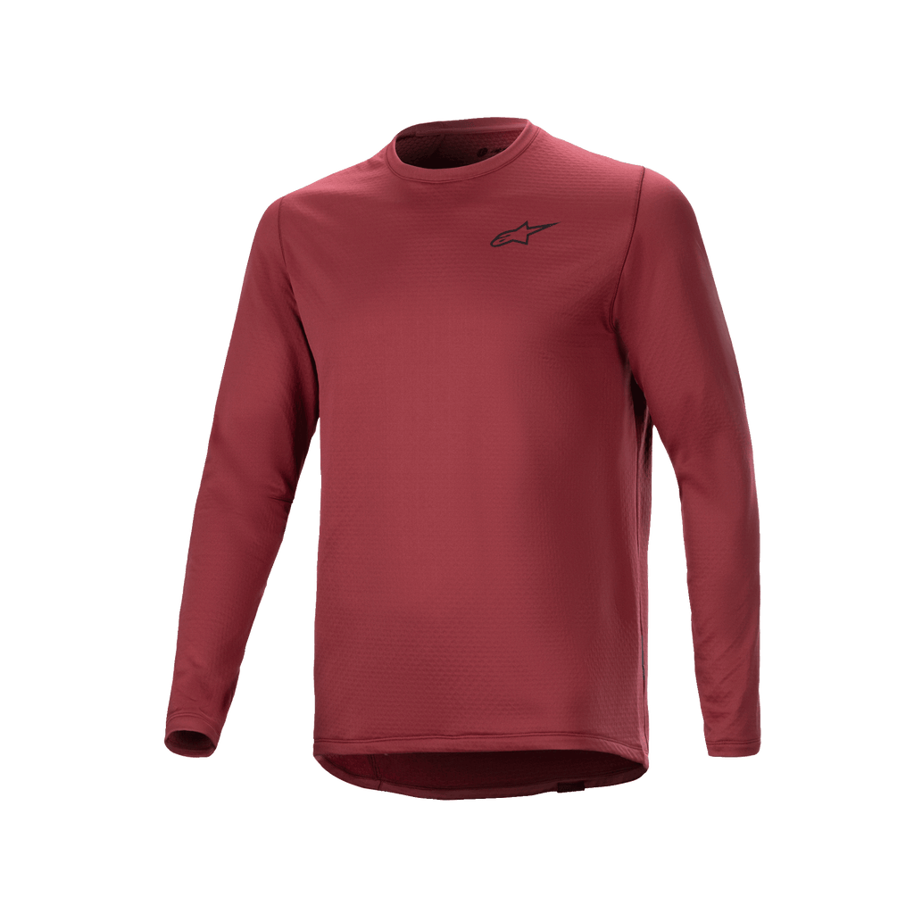 Alpinestars A-Dura Thermal Jersey, wielershirt met lange mouwen, bordeauxrood, geïsoleerde stof met textuur en een klein zwart sterlogo op de borst, verlengde achterzijde voor mountainbiken