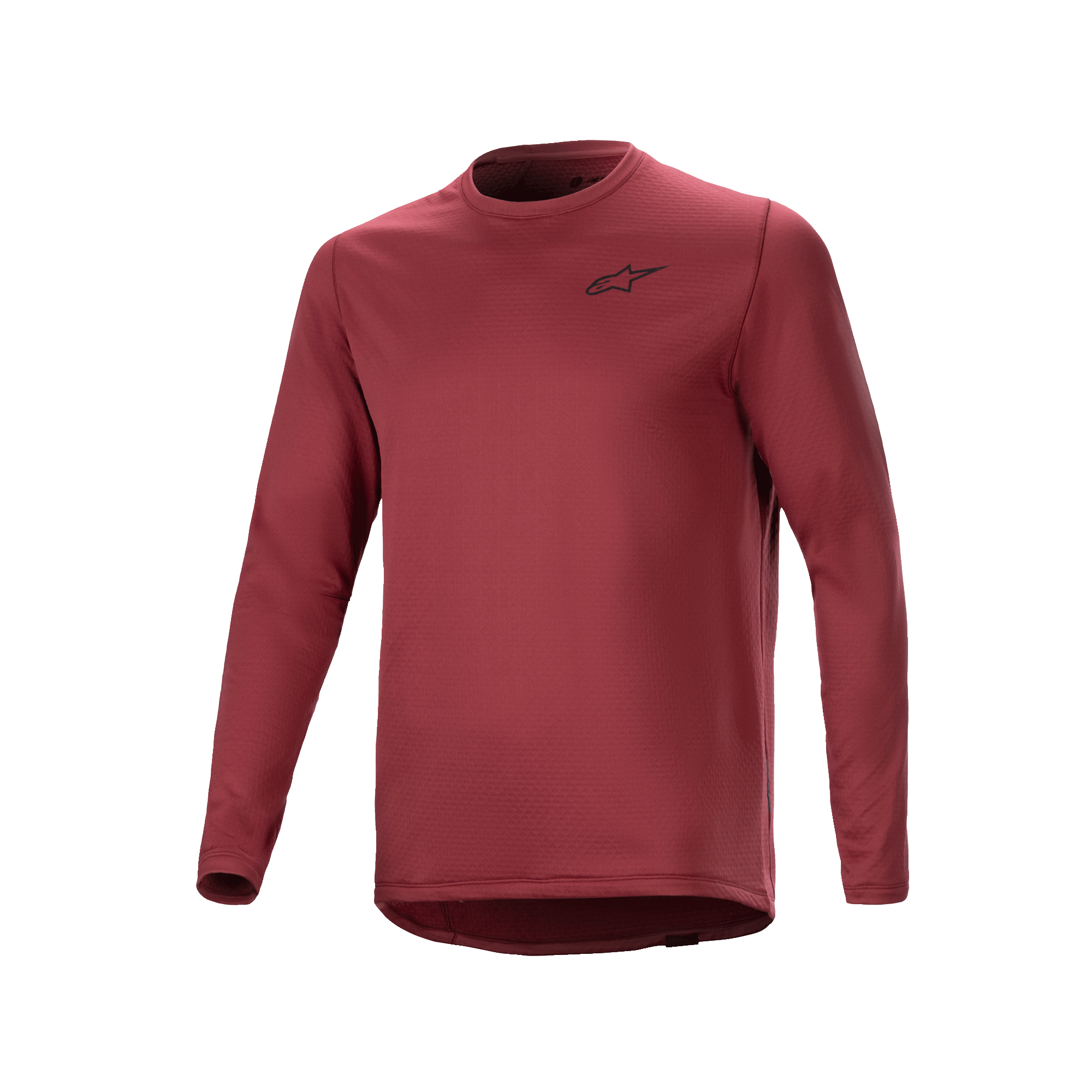 Alpinestars A-Dura Thermal Jersey, wielershirt met lange mouwen, bordeauxrood, geïsoleerde stof met textuur en een klein zwart sterlogo op de borst, verlengde achterzijde voor mountainbiken