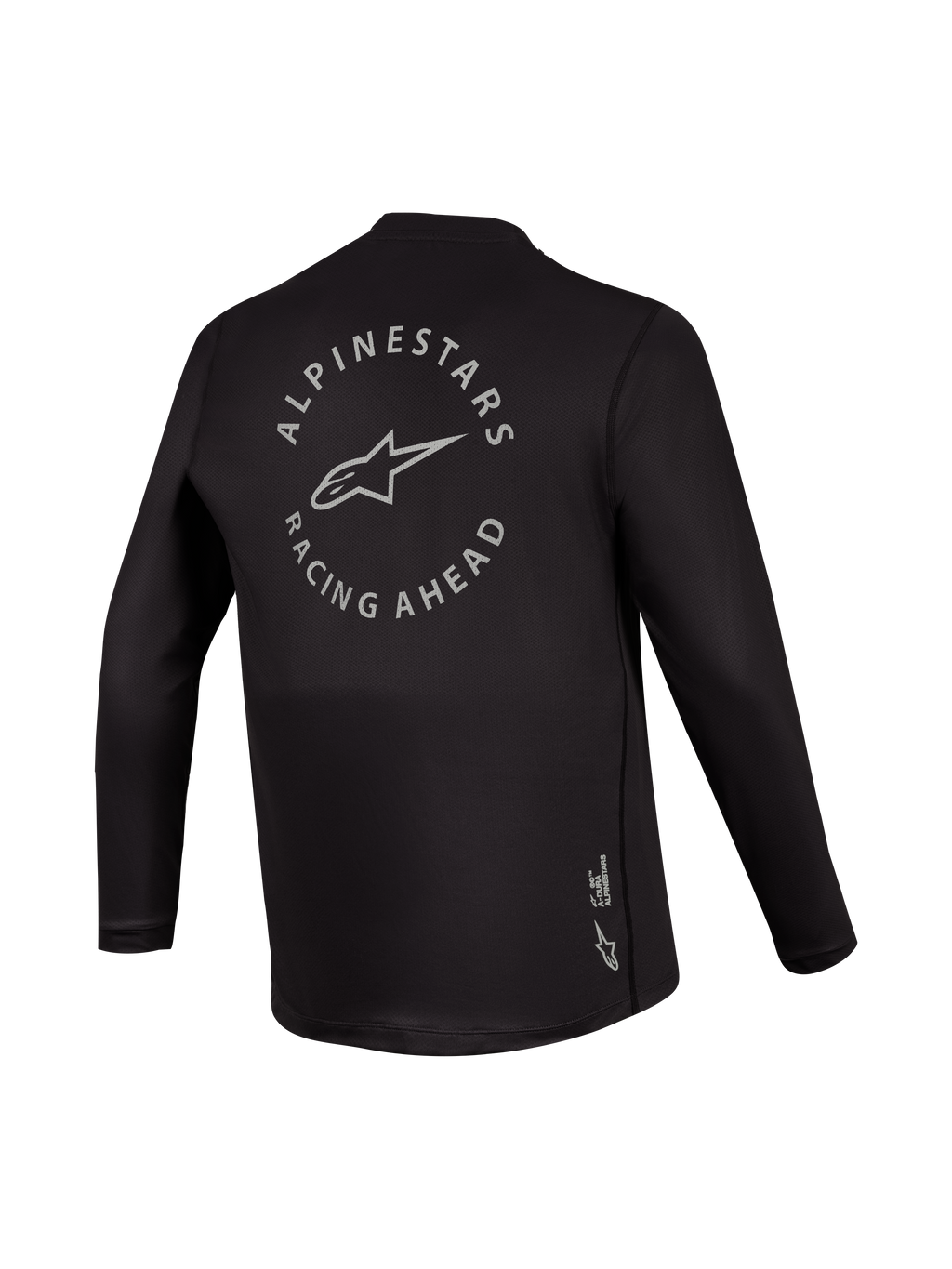 Zwarte A-Dura Air trui met lange mouwen, achterzijde met grijze Racing Ahead-graphic, ademende MTB-kleding.