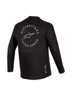 Zwarte A-Dura Air trui met lange mouwen, achterzijde met grijze Racing Ahead-graphic, ademende MTB-kleding.