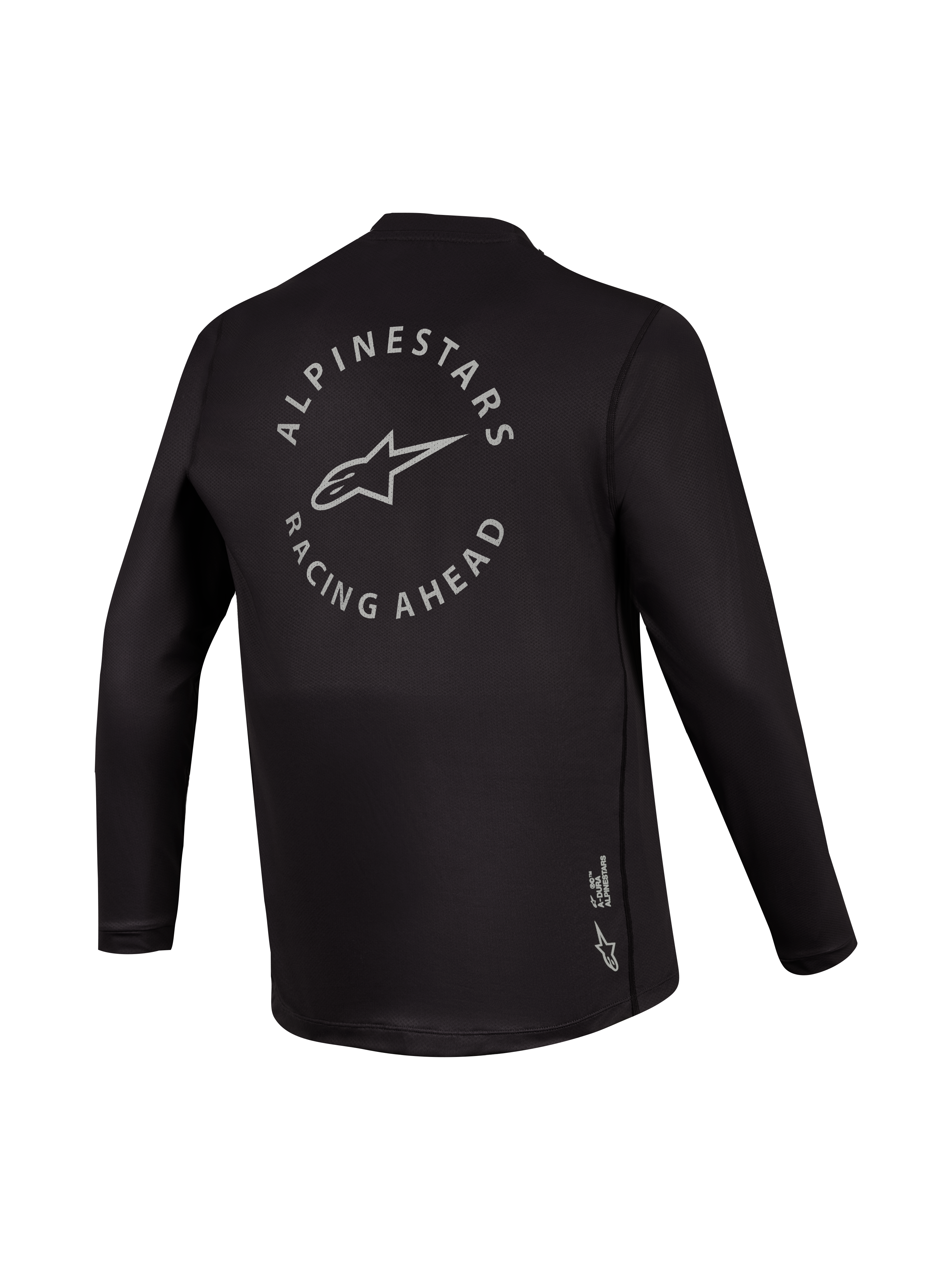 Zwarte A-Dura Air trui met lange mouwen, achterzijde met grijze Racing Ahead-graphic, ademende MTB-kleding.