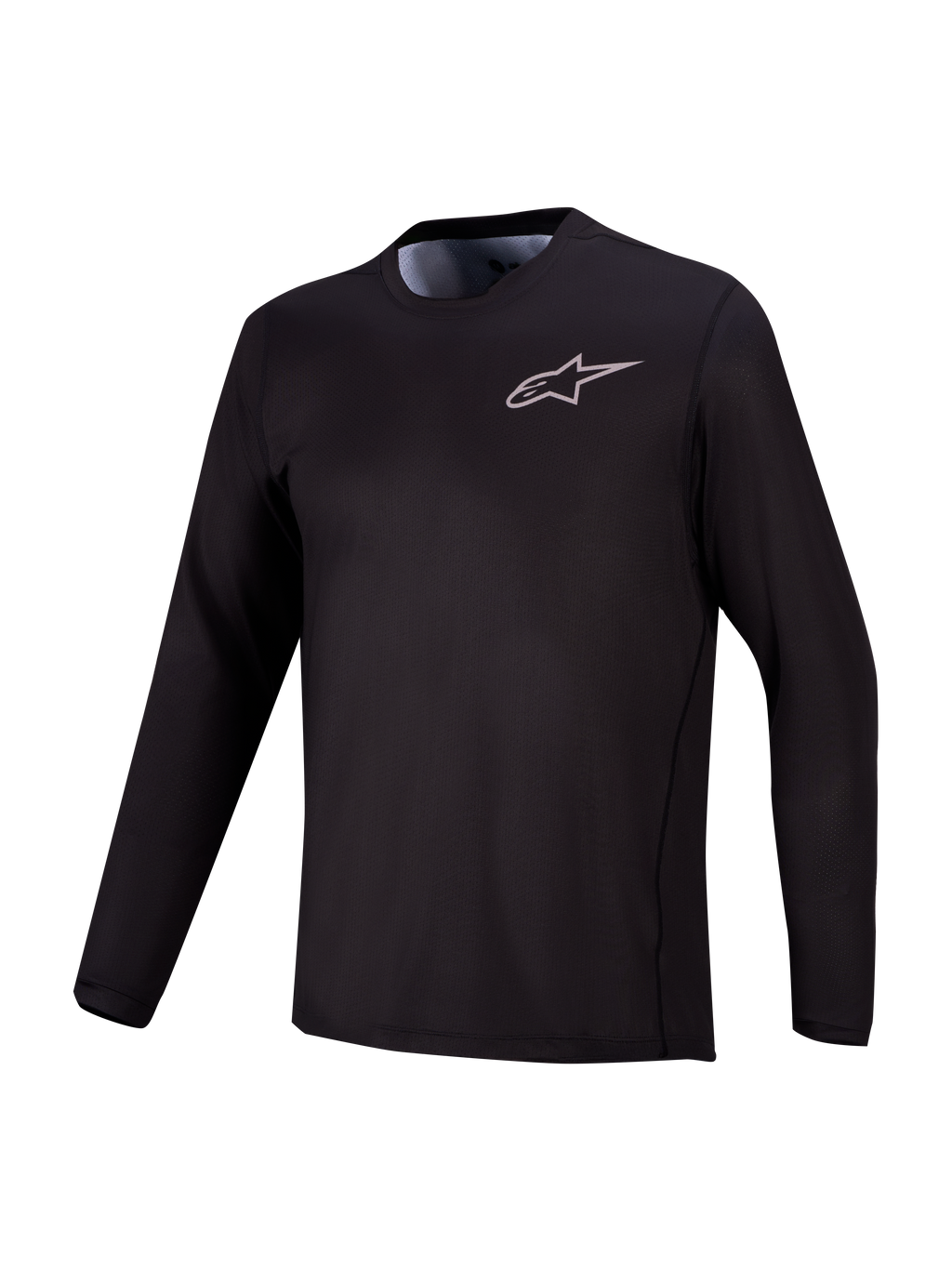 Zwarte A-Dura Air MTB-top met lange mouwen, ademend jacquard mesh en subtiel Alpinestars-logo op de borst.