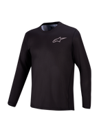 Zwarte A-Dura Air MTB-top met lange mouwen, ademend jacquard mesh en subtiel Alpinestars-logo op de borst.