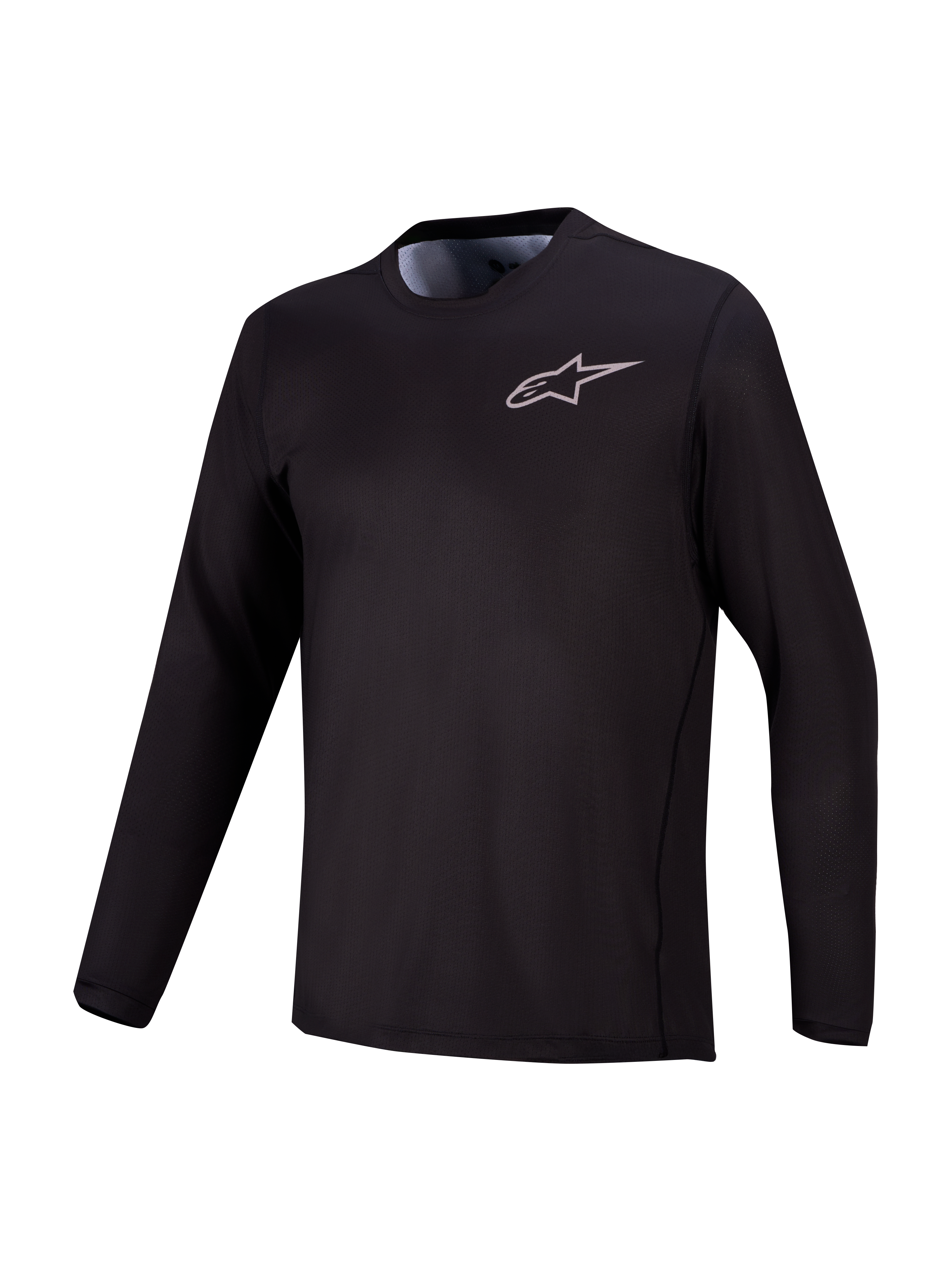 Zwarte A-Dura Air MTB-top met lange mouwen, ademend jacquard mesh en subtiel Alpinestars-logo op de borst.