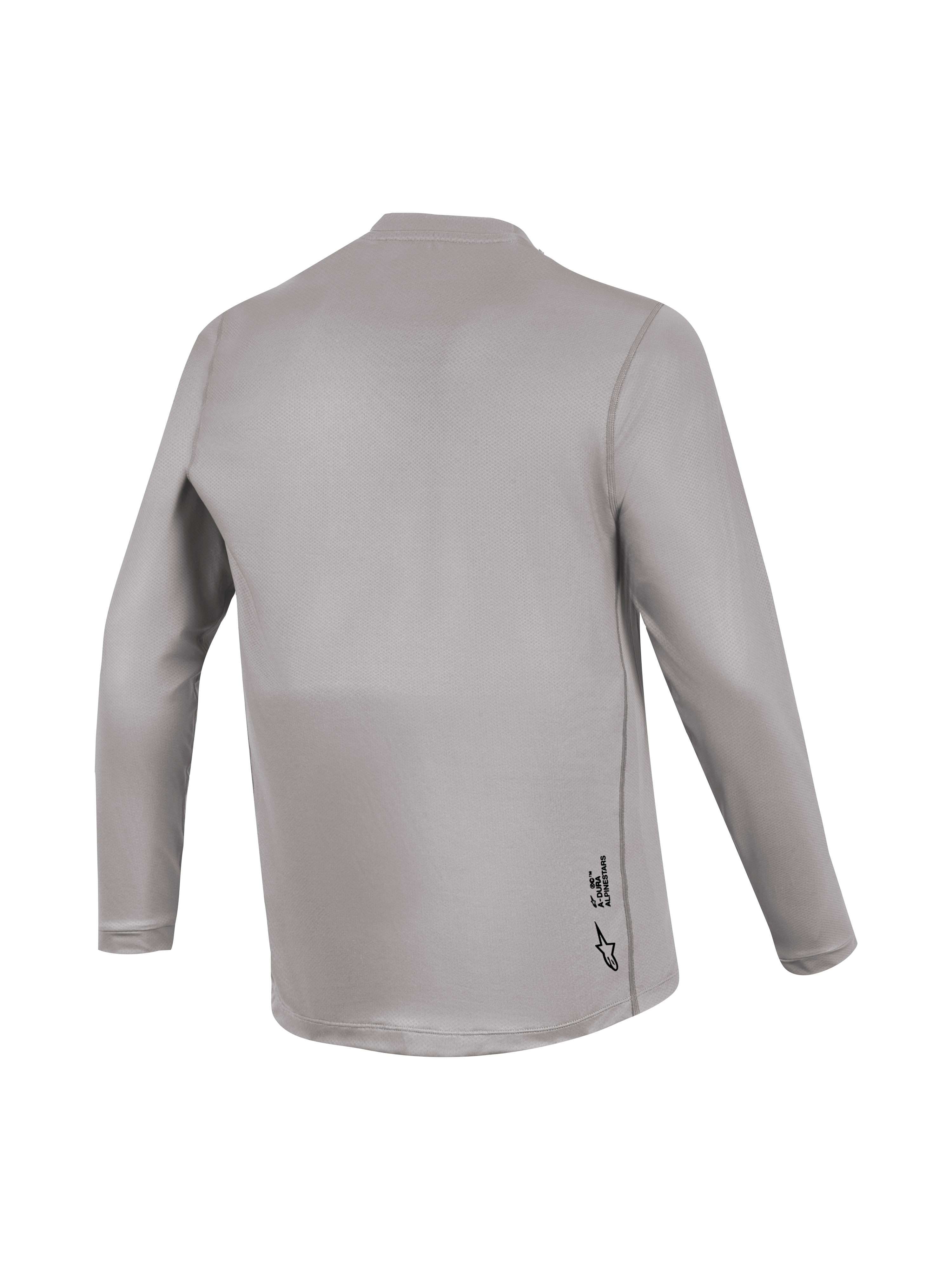 Grijze Alpinestars A-Dura Ride trui met lange mouwen, achteraanzicht met jacquard textuur en subtiele MTB-branding.