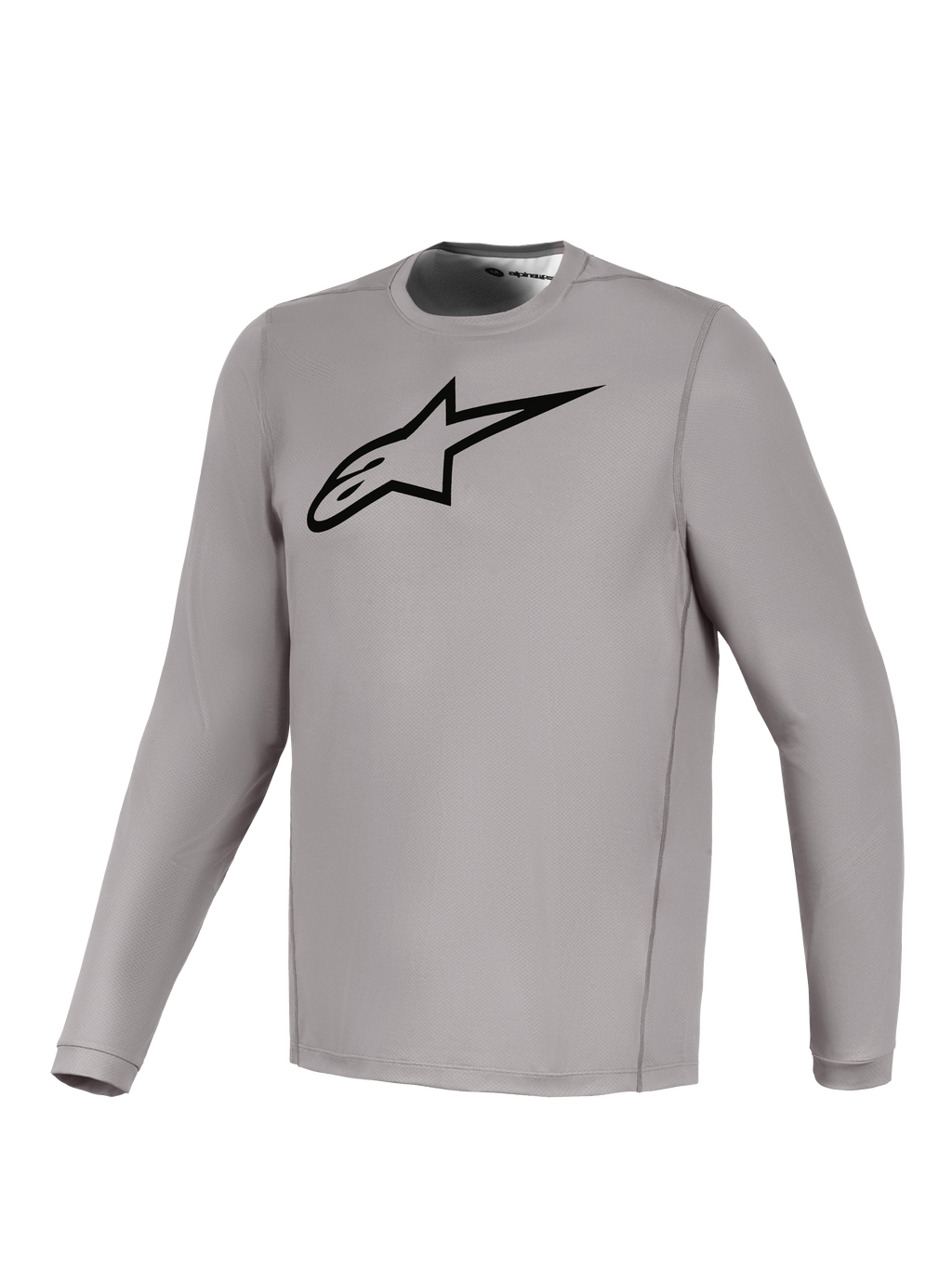 Grijze Alpinestars A-Dura Ride trui met lange mouwen, zwart borstlogo, ademende stretchstof voor mountainbiken.