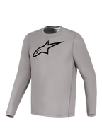 Grijze Alpinestars A-Dura Ride trui met lange mouwen, zwart borstlogo, ademende stretchstof voor mountainbiken.