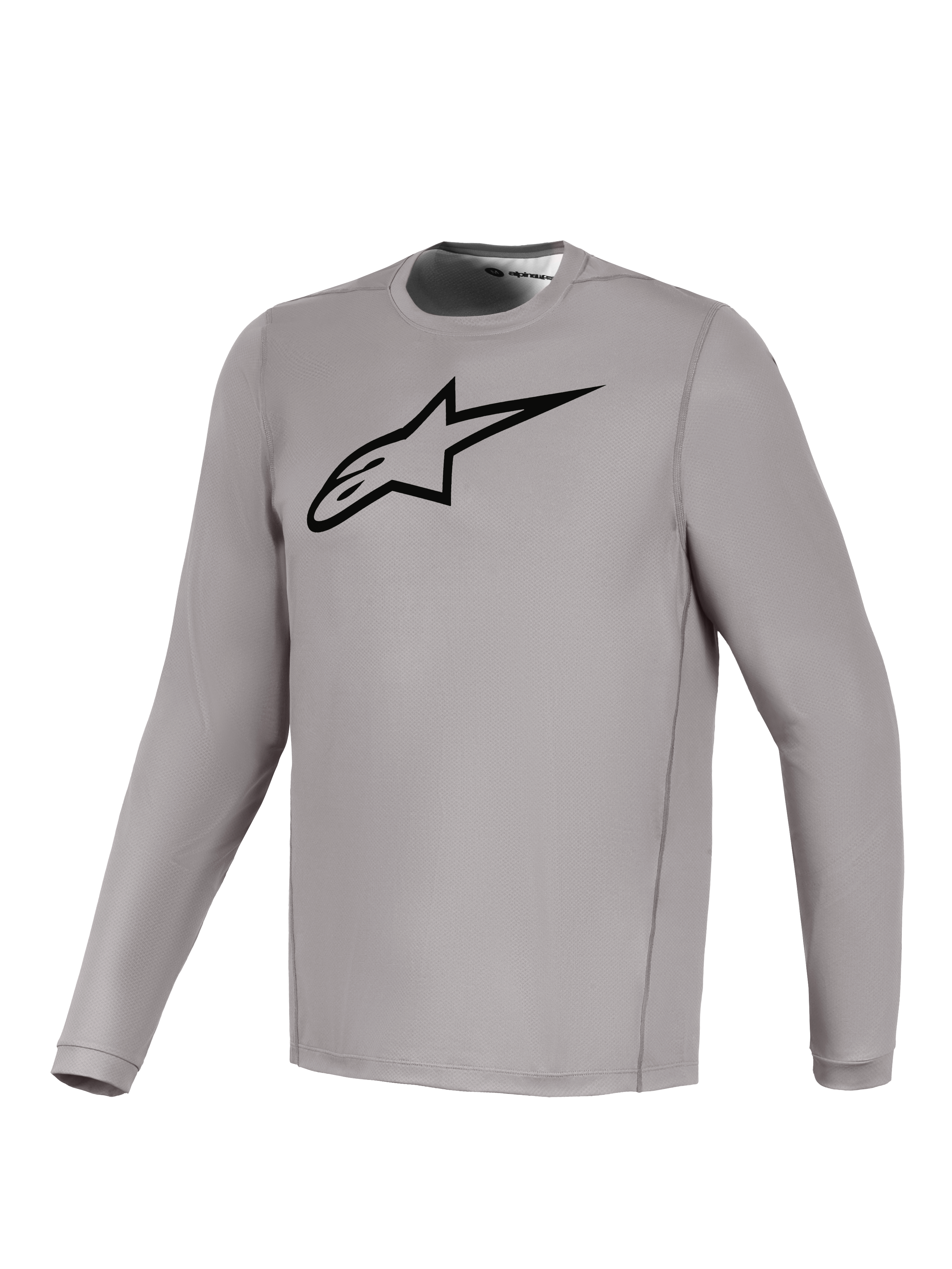 Grijze Alpinestars A-Dura Ride trui met lange mouwen, zwart borstlogo, ademende stretchstof voor mountainbiken.