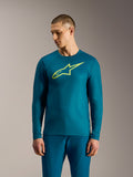 Blauwgroene A-Dura Ride trui met lange mouwen, limoengeel Alpinestars-logo, technische mountainbike-kleding.