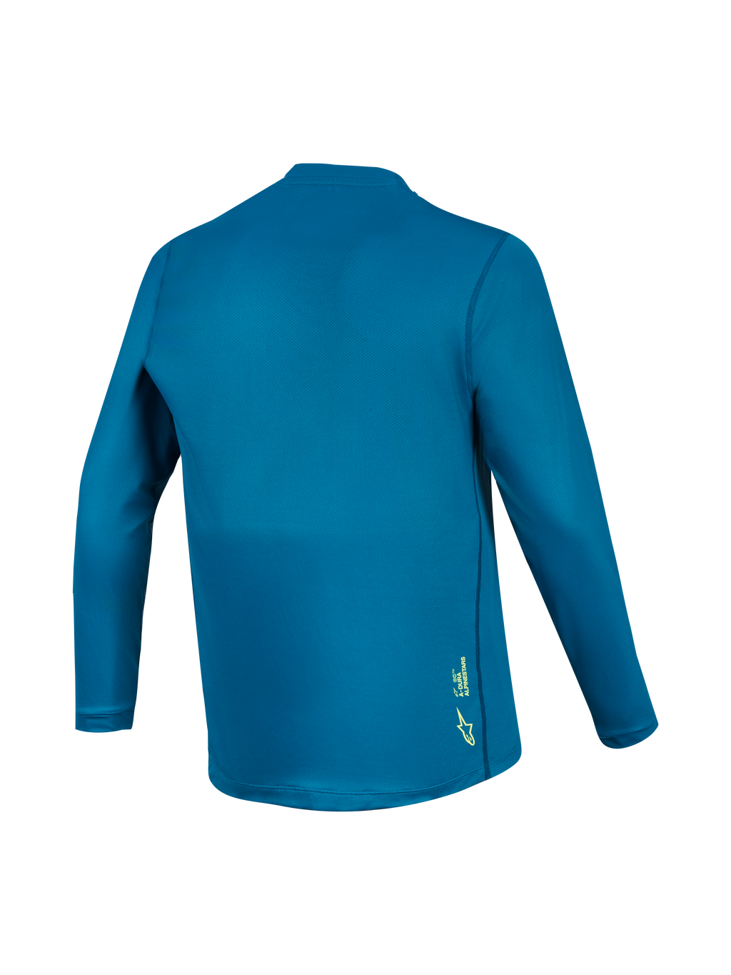 Blauwgroene A-Dura Ride MTB-trui met lange mouwen, achterzijde van technische stof met een klein geel logo.