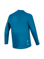 Blauwgroene A-Dura Ride MTB-trui met lange mouwen, achterzijde van technische stof met een klein geel logo.