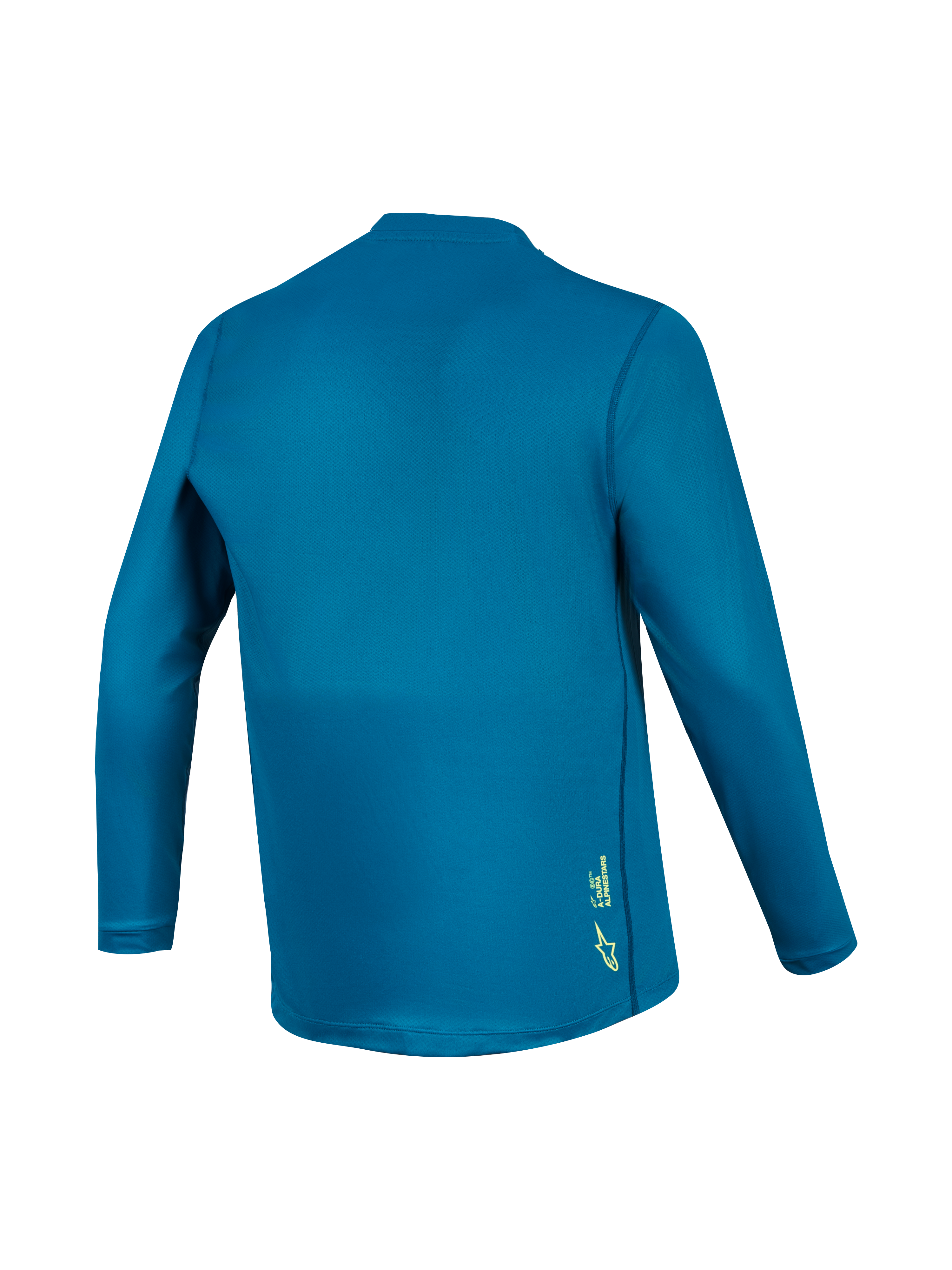 Blauwgroene A-Dura Ride MTB-trui met lange mouwen, achterzijde van technische stof met een klein geel logo.