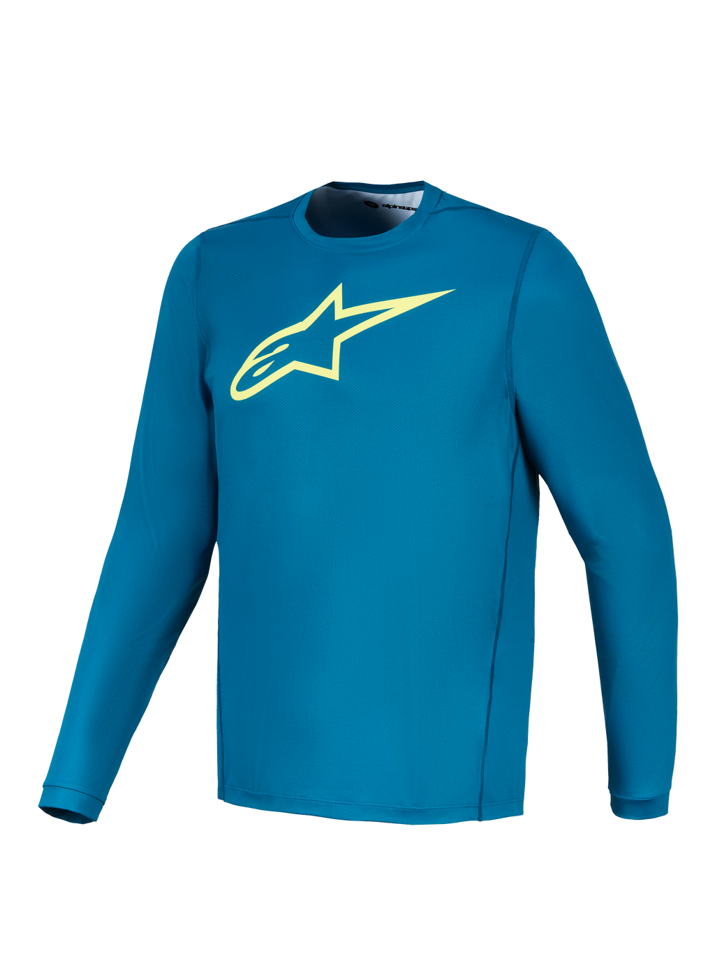 Alpinestars A-Dura Ride trui met lange mouwen in blauwgroen met een limoengeel Astars-logo, technische MTB-kleding.