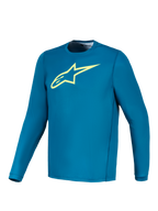Alpinestars A-Dura Ride trui met lange mouwen in blauwgroen met een limoengeel Astars-logo, technische MTB-kleding.