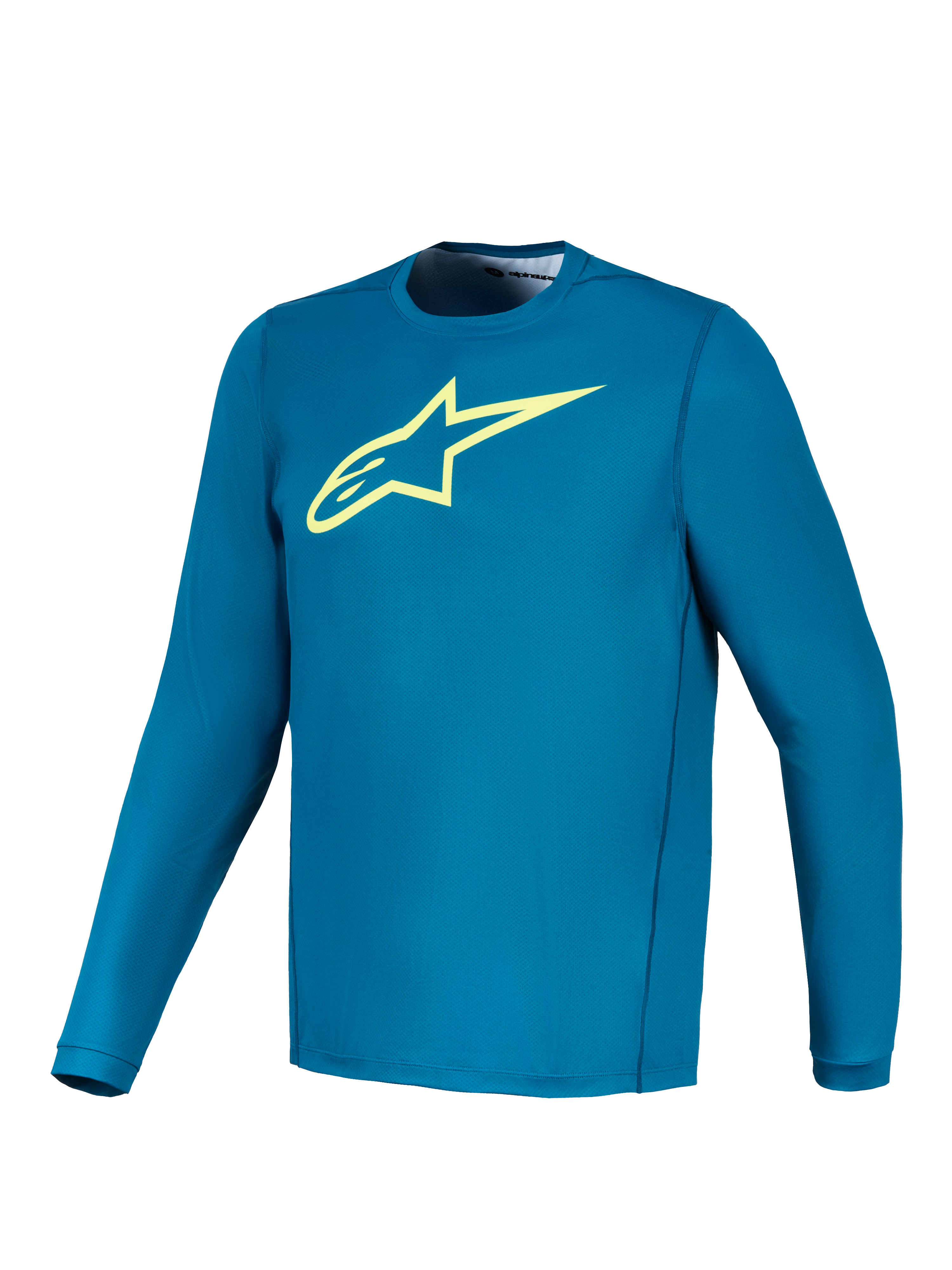 Alpinestars A-Dura Ride trui met lange mouwen in blauwgroen met een limoengeel Astars-logo, technische MTB-kleding.