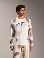 Alpinestars A-Dura Ride jersey met lange mouwen in Sand Camo, wit MTB-shirt met abstract patroon en zwart borstlogo.