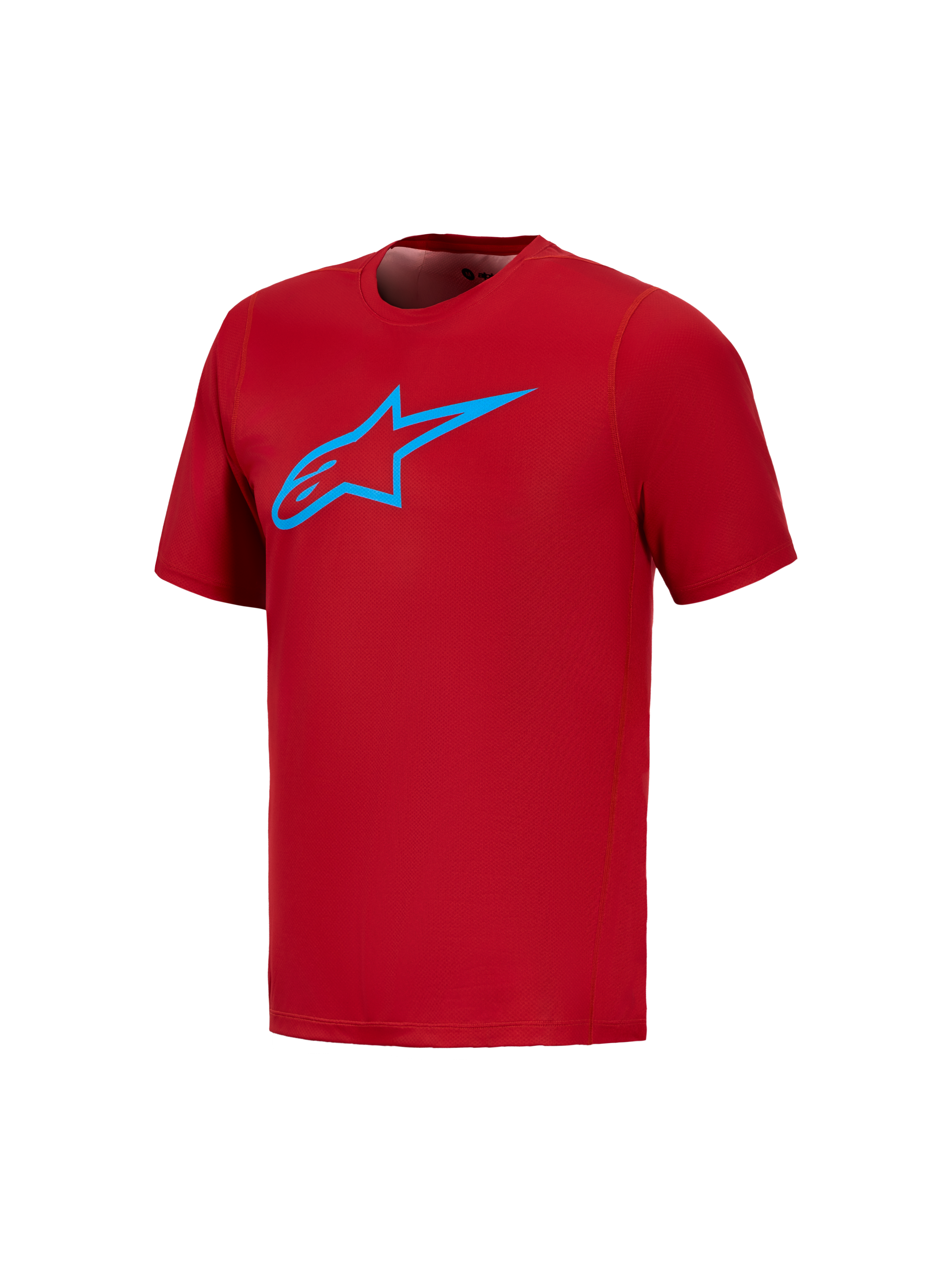 Rood A-Dura Ride fietsshirt met korte mouwen en een felblauw Astars-logo op de borst voor MTB-prestaties.