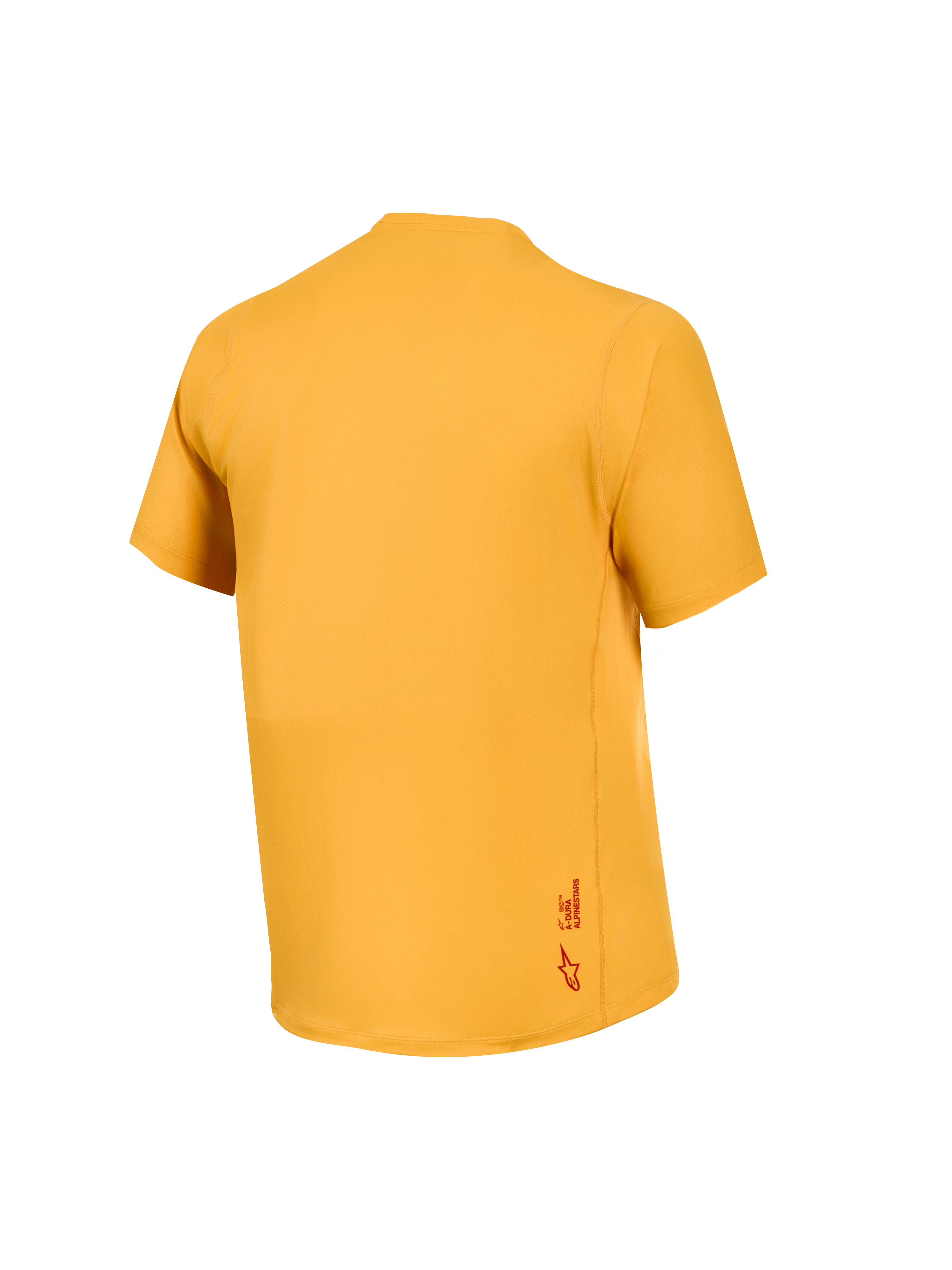 Oranje A-Dura Ride-trui met korte mouwen, achteraanzicht, jacquard stretchstof en klein Astars-logo op de zoom.